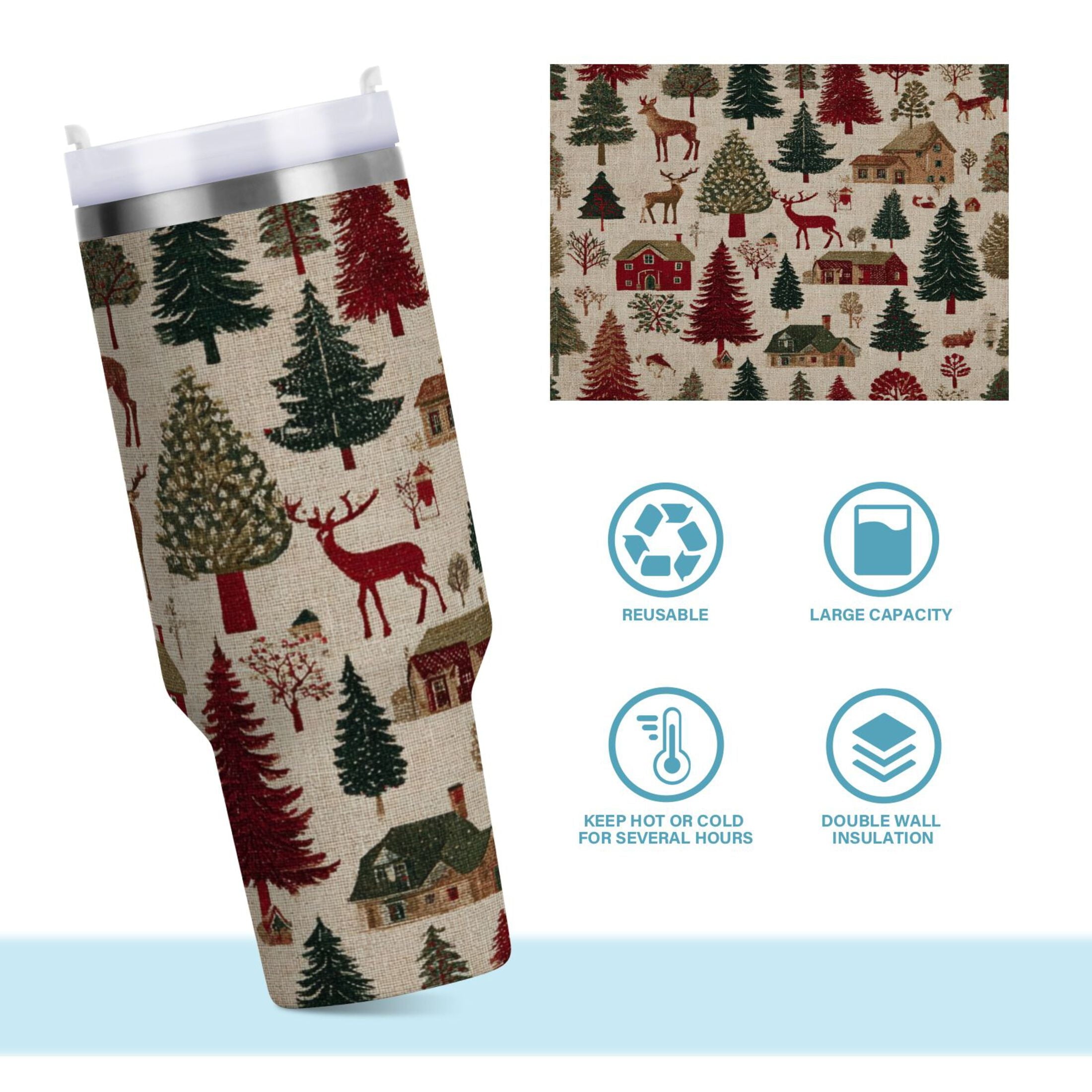 30 oz Insulated Stainless Steel Tumbler Double Wall Stainless Steel Tumbler with 2-Way Drinking Christmas Trees Deer and Houses C577Y
