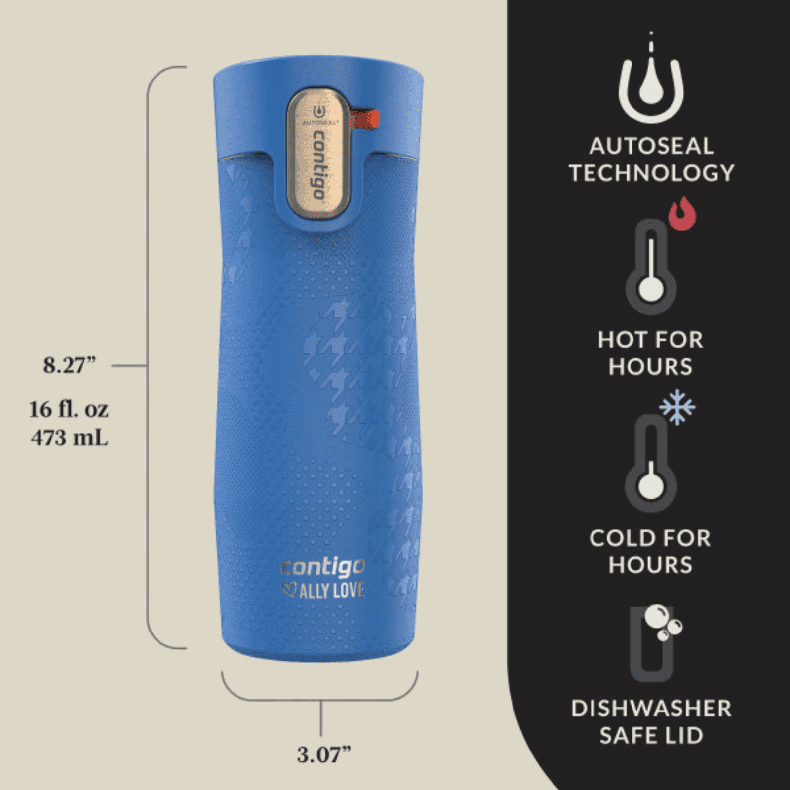 Contigo x Ally Love Autoseal West Loop Vacuum-Insulated Stainless Steel Travel Mug with Easy-Clean Lid, 16 oz, Stellar Jay C028V