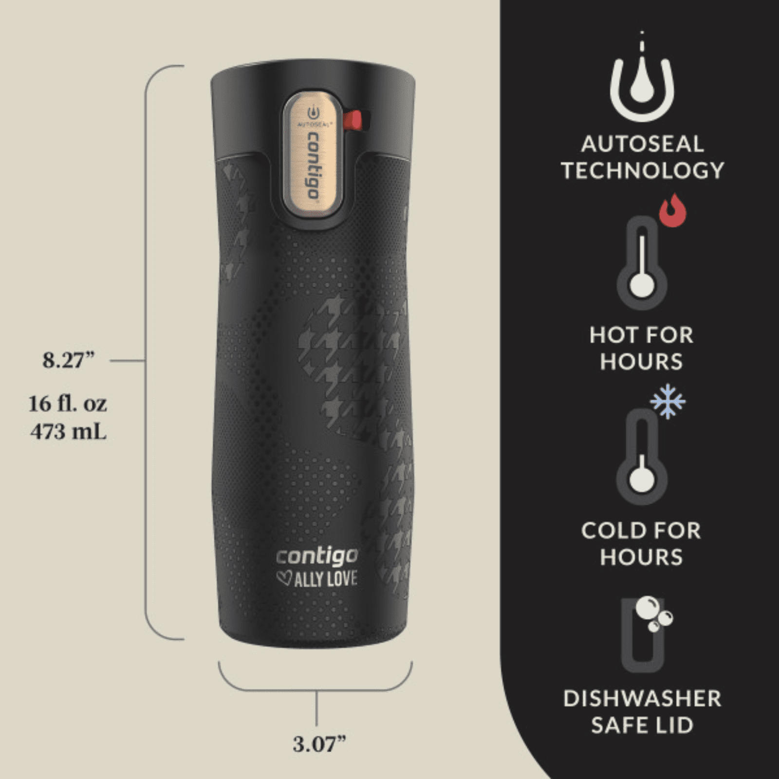 Contigo x Ally Love Autoseal West Loop Vacuum-Insulated Stainless Steel Travel Mug with Easy-Clean Lid, 16 oz, Stellar Jay C028V