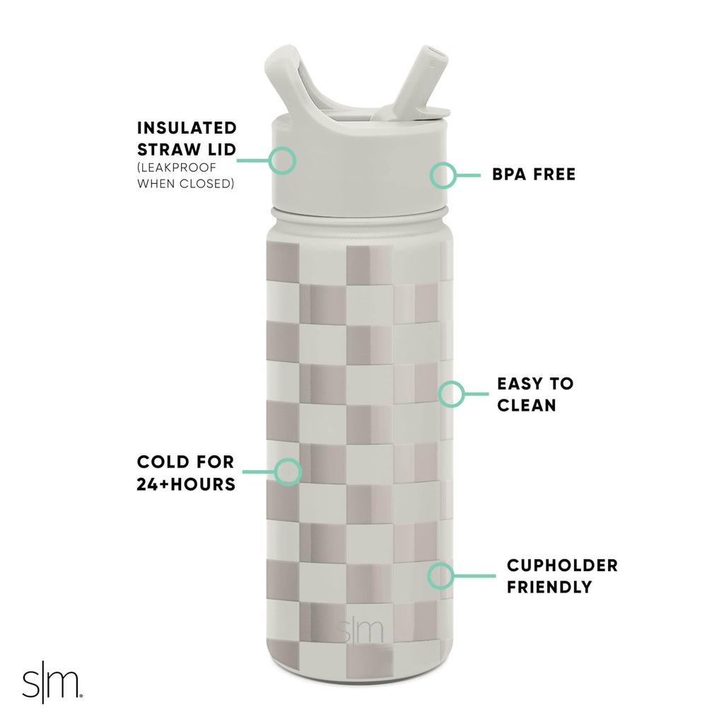 Simple Modern Kids Water Bottle with Straw Lid Vacuum Insulated Stainless Steel Metal Thermos Bottles | Reusable Leak Proof BPA-Free Flask for School | Summit Collection | 18oz, Checkmate C433P