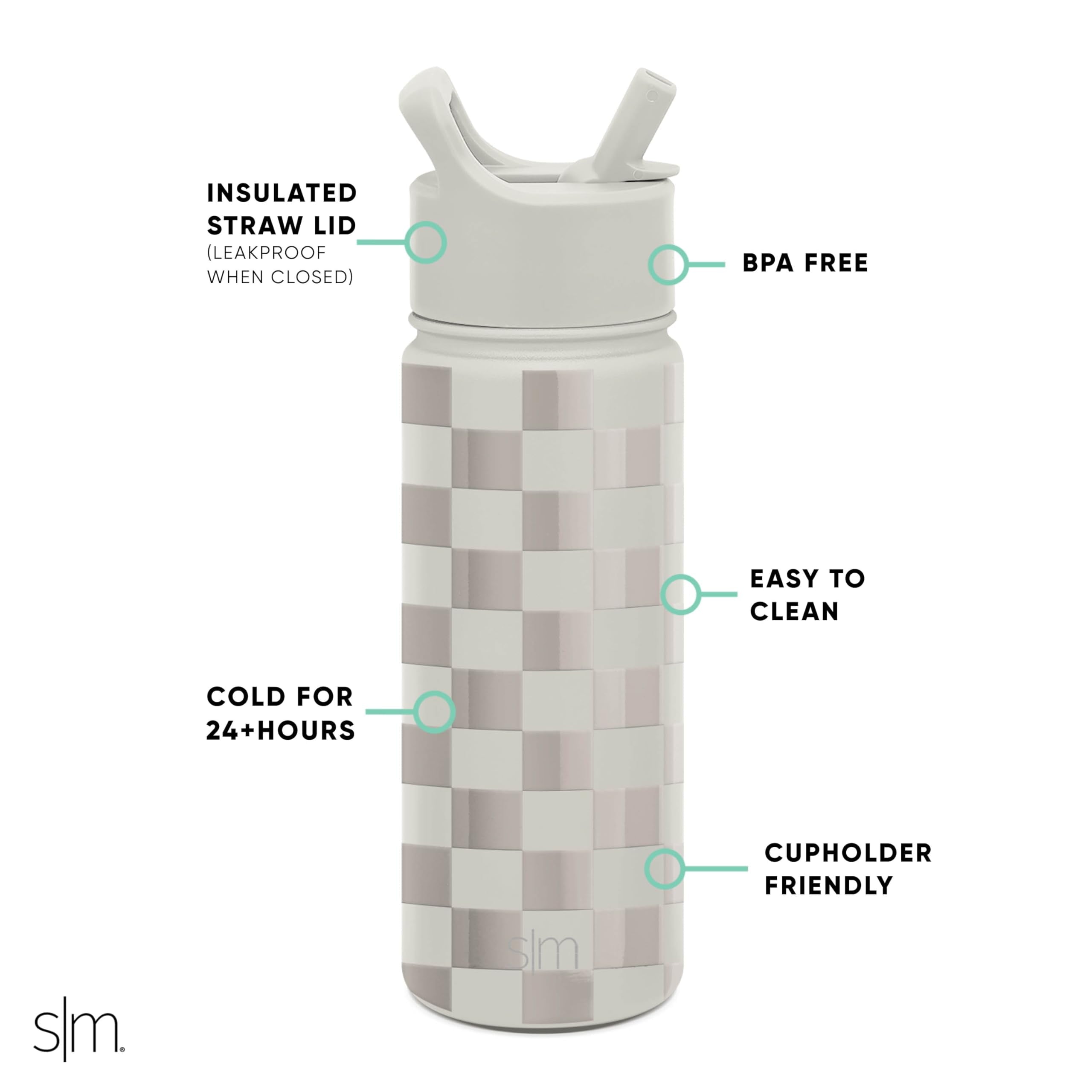 Simple Modern Kids Water Bottle with Straw Lid Vacuum Insulated Stainless Steel Metal Thermos Bottles | Reusable Leak Proof BPA-Free Flask for School | Summit Collection | 18oz, Checkmate C433P