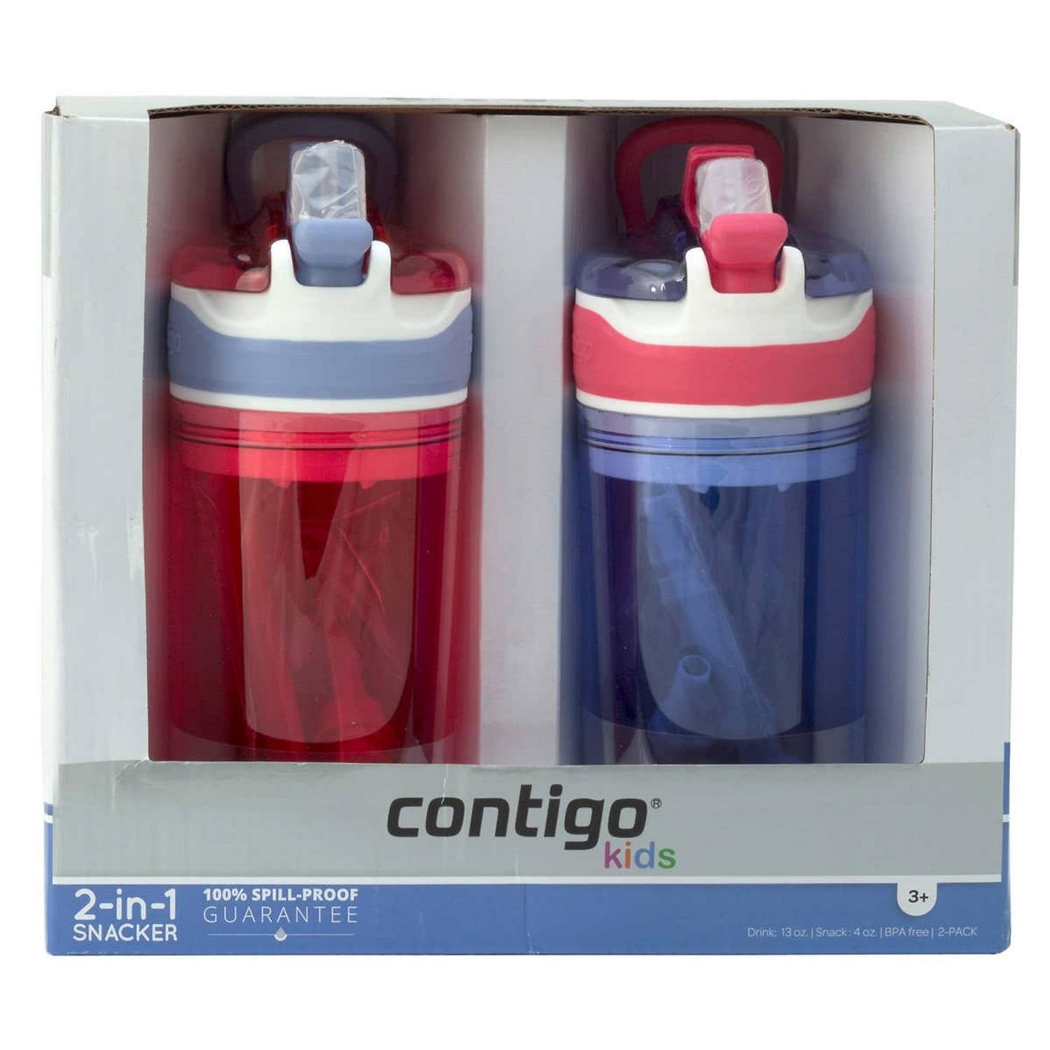 Contigo Kids 2-in-1 Snack Hero Tumbler Featuring 4oz Snack Holder Stacked on Top of 13oz Water Bottle - BPA Free, Durable Tritan w/Flexible Carry Handle &amp; Spill-Proof Valve, Purple &amp; Pink – 2 Pack C040K