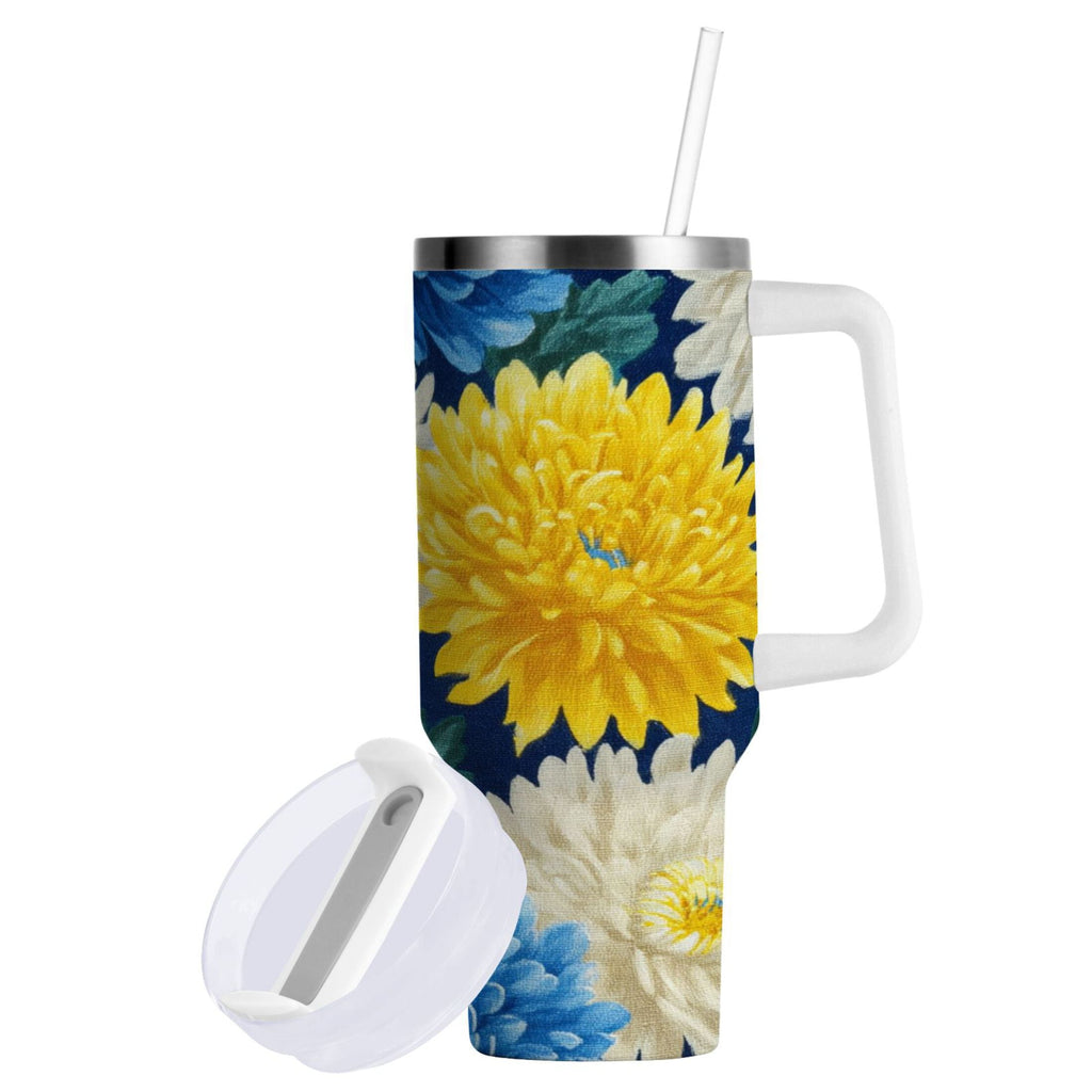 30 oz Insulated Stainless Steel Tumbler Double Wall Stainless Steel Tumbler with 2-Way Drinking Yellow and White Chrysanthemum C469D
