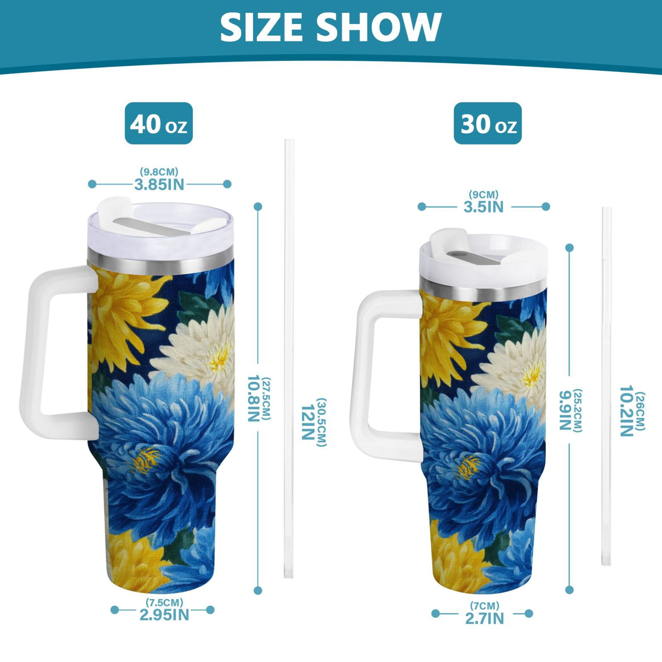 30 oz Insulated Stainless Steel Tumbler Double Wall Stainless Steel Tumbler with 2-Way Drinking Yellow and White Chrysanthemum C469D