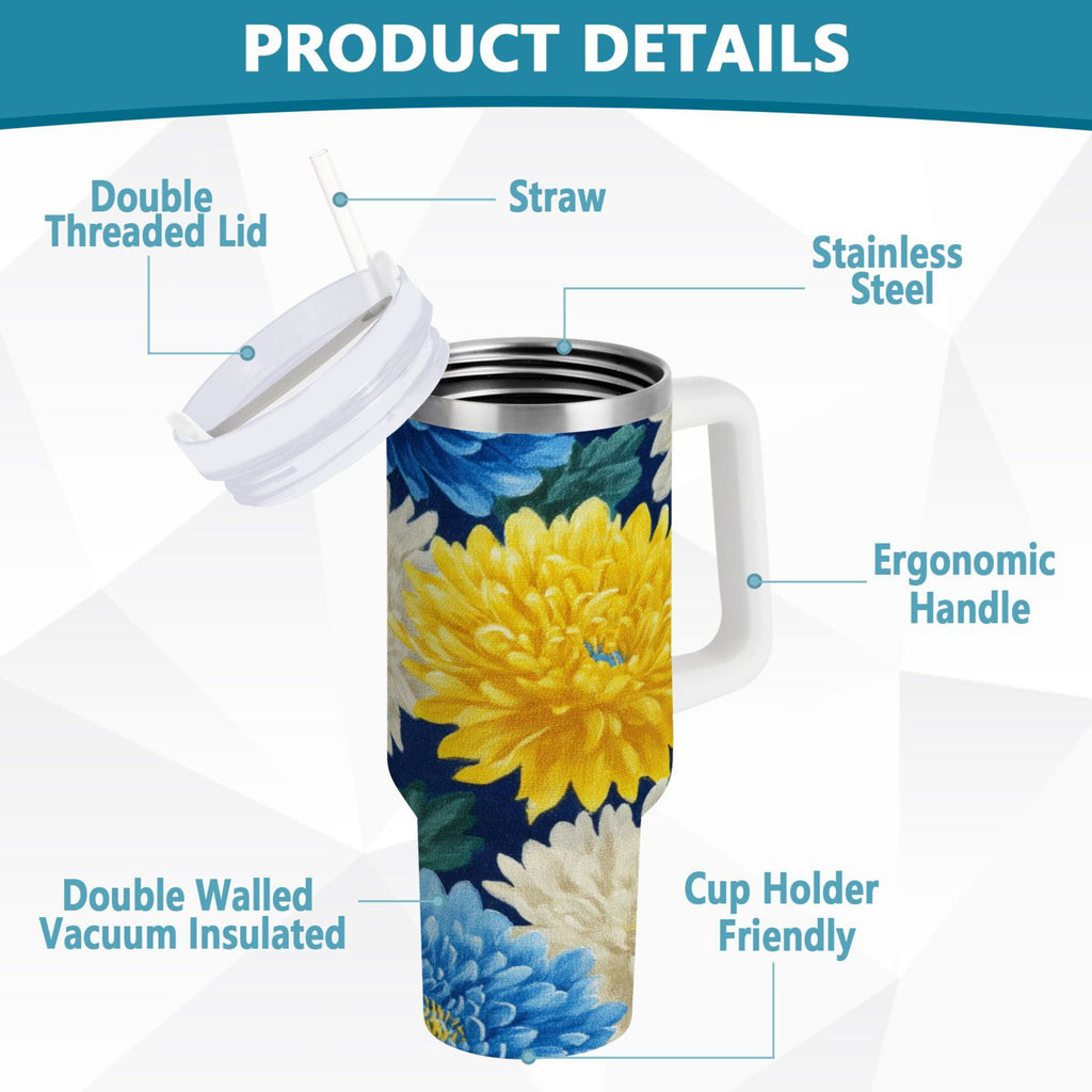 30 oz Insulated Stainless Steel Tumbler Double Wall Stainless Steel Tumbler with 2-Way Drinking Yellow and White Chrysanthemum C469D