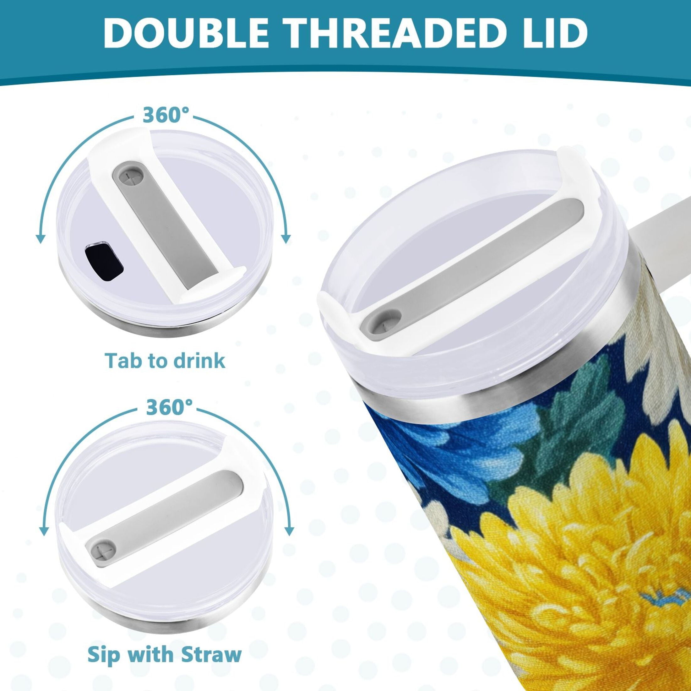 30 oz Insulated Stainless Steel Tumbler Double Wall Stainless Steel Tumbler with 2-Way Drinking Yellow and White Chrysanthemum C469D