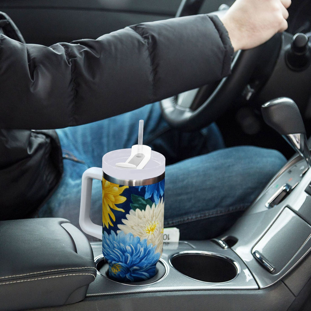 30 oz Insulated Stainless Steel Tumbler Double Wall Stainless Steel Tumbler with 2-Way Drinking Yellow and White Chrysanthemum C469D