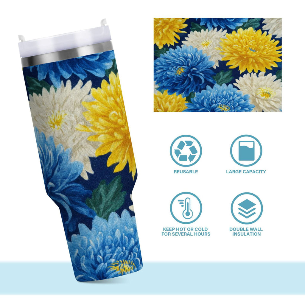 30 oz Insulated Stainless Steel Tumbler Double Wall Stainless Steel Tumbler with 2-Way Drinking Yellow and White Chrysanthemum C469D