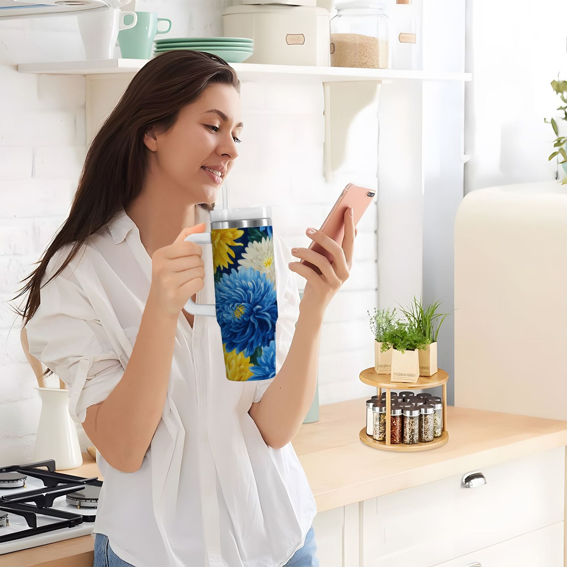 30 oz Insulated Stainless Steel Tumbler Double Wall Stainless Steel Tumbler with 2-Way Drinking Yellow and White Chrysanthemum C469D