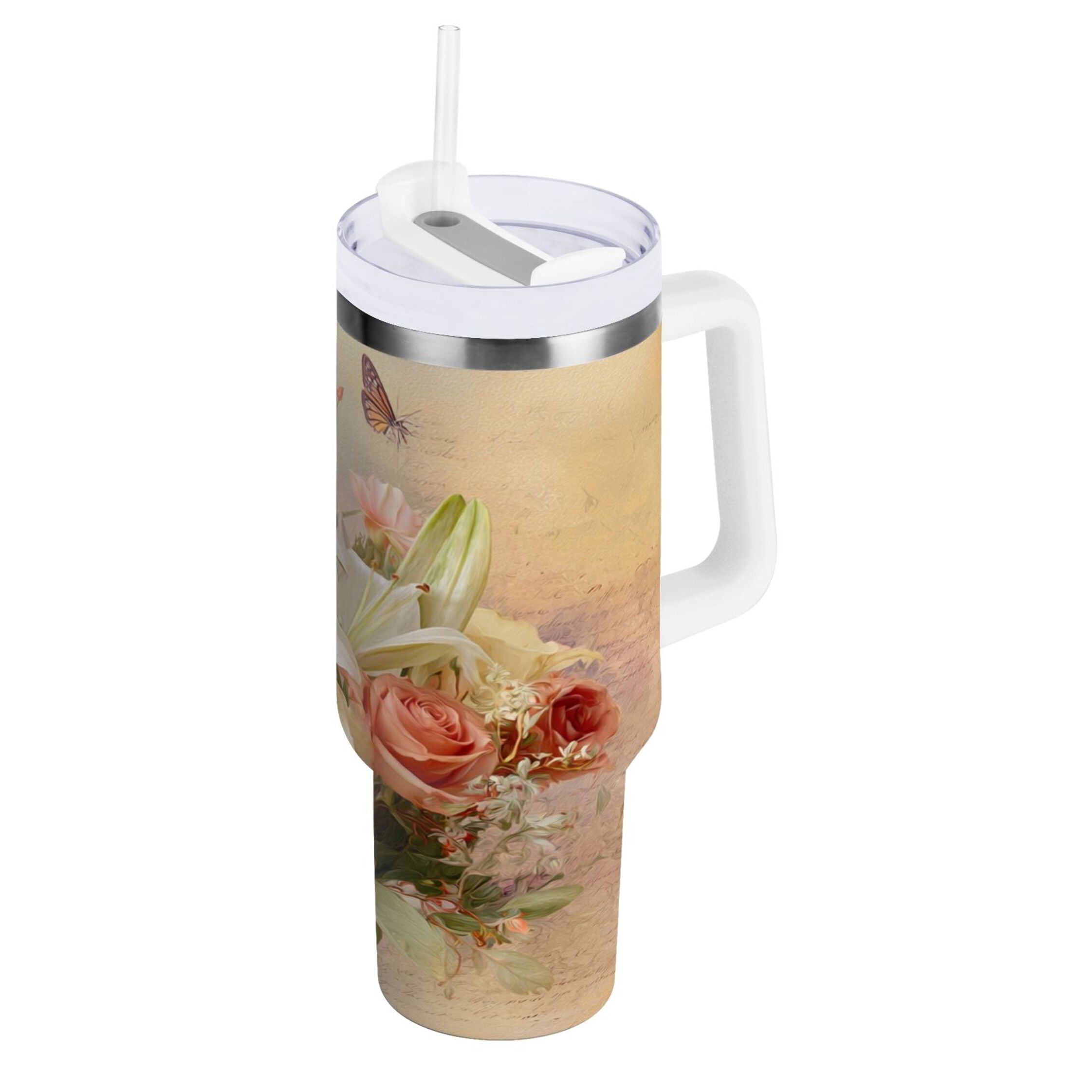 30 oz Insulated Stainless Steel Tumbler Double Wall Stainless Steel Tumbler with 2-Way Drinking Beautiful Floral Bouquet C477B