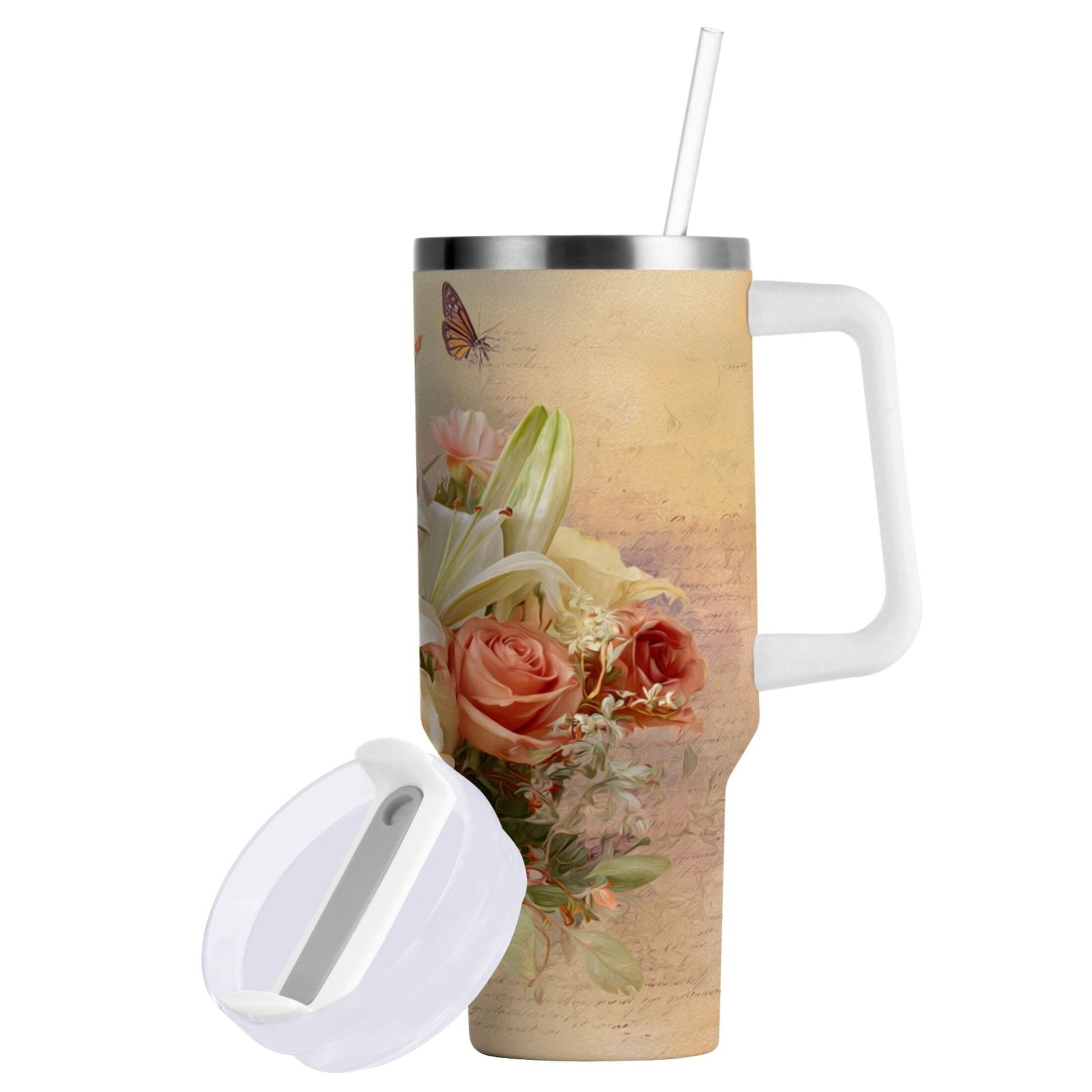 30 oz Insulated Stainless Steel Tumbler Double Wall Stainless Steel Tumbler with 2-Way Drinking Beautiful Floral Bouquet C477B