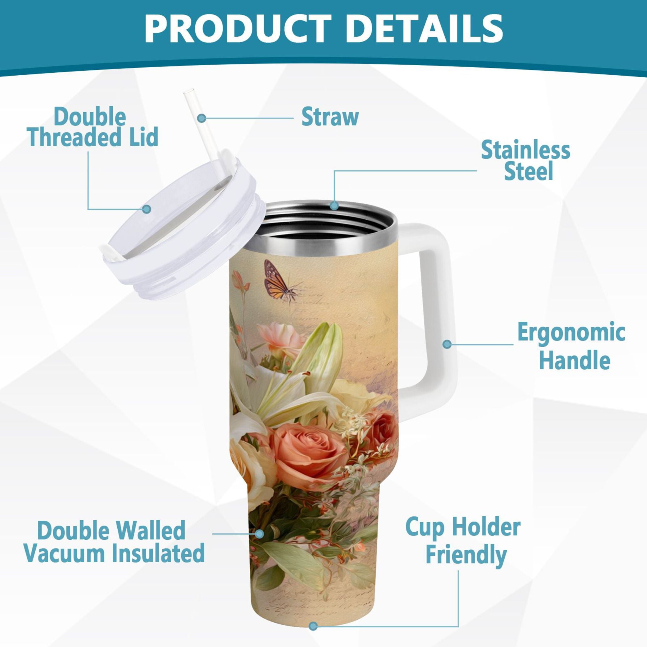 30 oz Insulated Stainless Steel Tumbler Double Wall Stainless Steel Tumbler with 2-Way Drinking Beautiful Floral Bouquet C477B