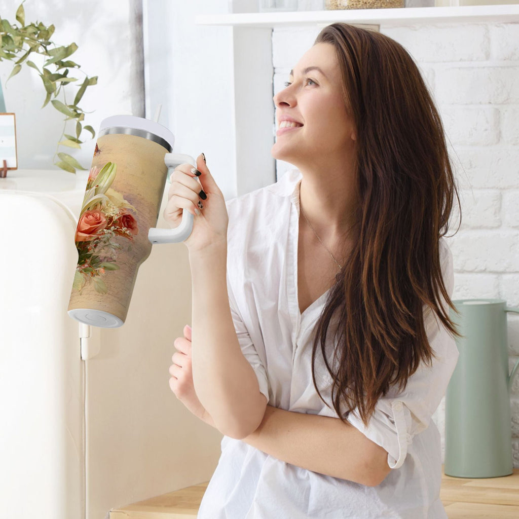 30 oz Insulated Stainless Steel Tumbler Double Wall Stainless Steel Tumbler with 2-Way Drinking Beautiful Floral Bouquet C477B