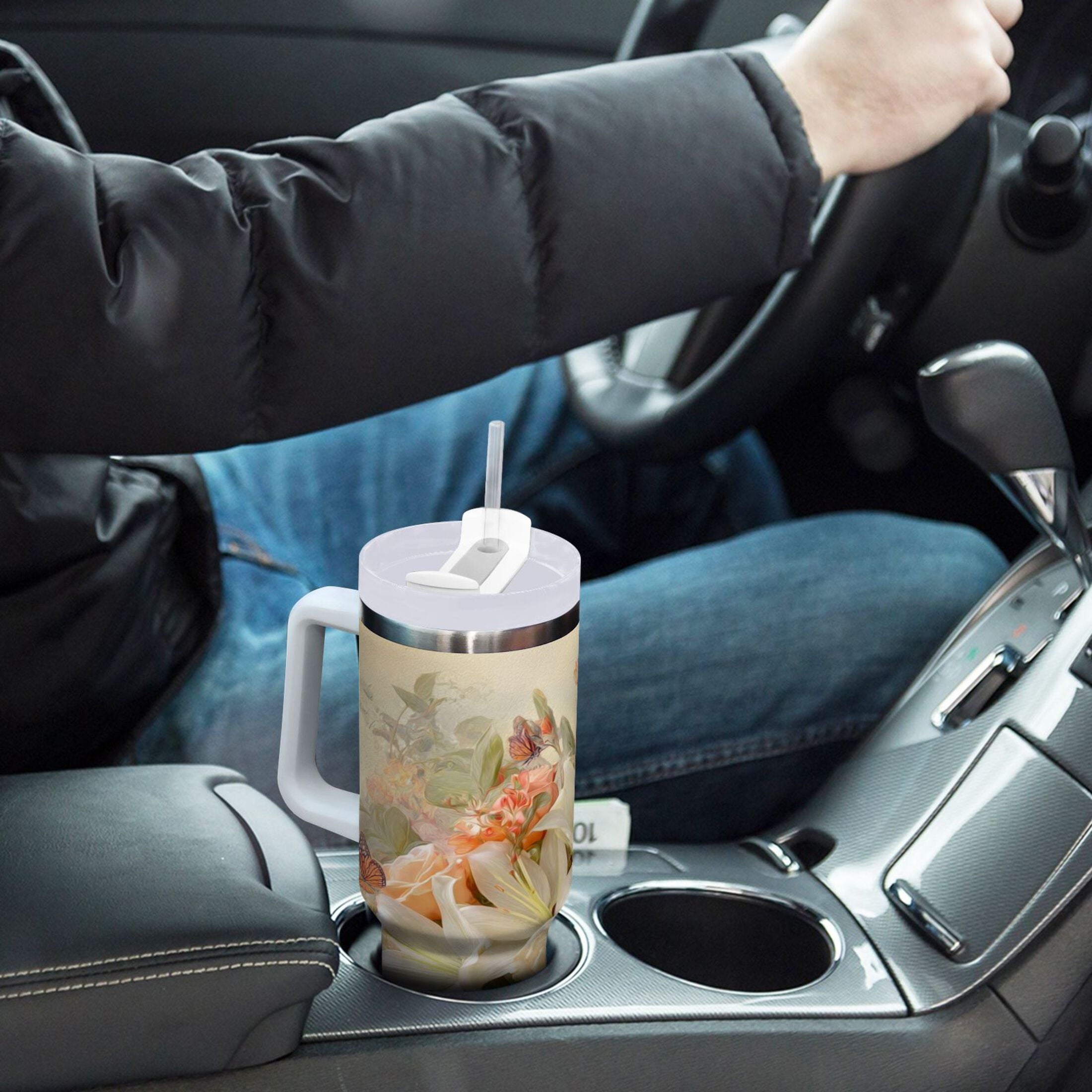 30 oz Insulated Stainless Steel Tumbler Double Wall Stainless Steel Tumbler with 2-Way Drinking Beautiful Floral Bouquet C477B