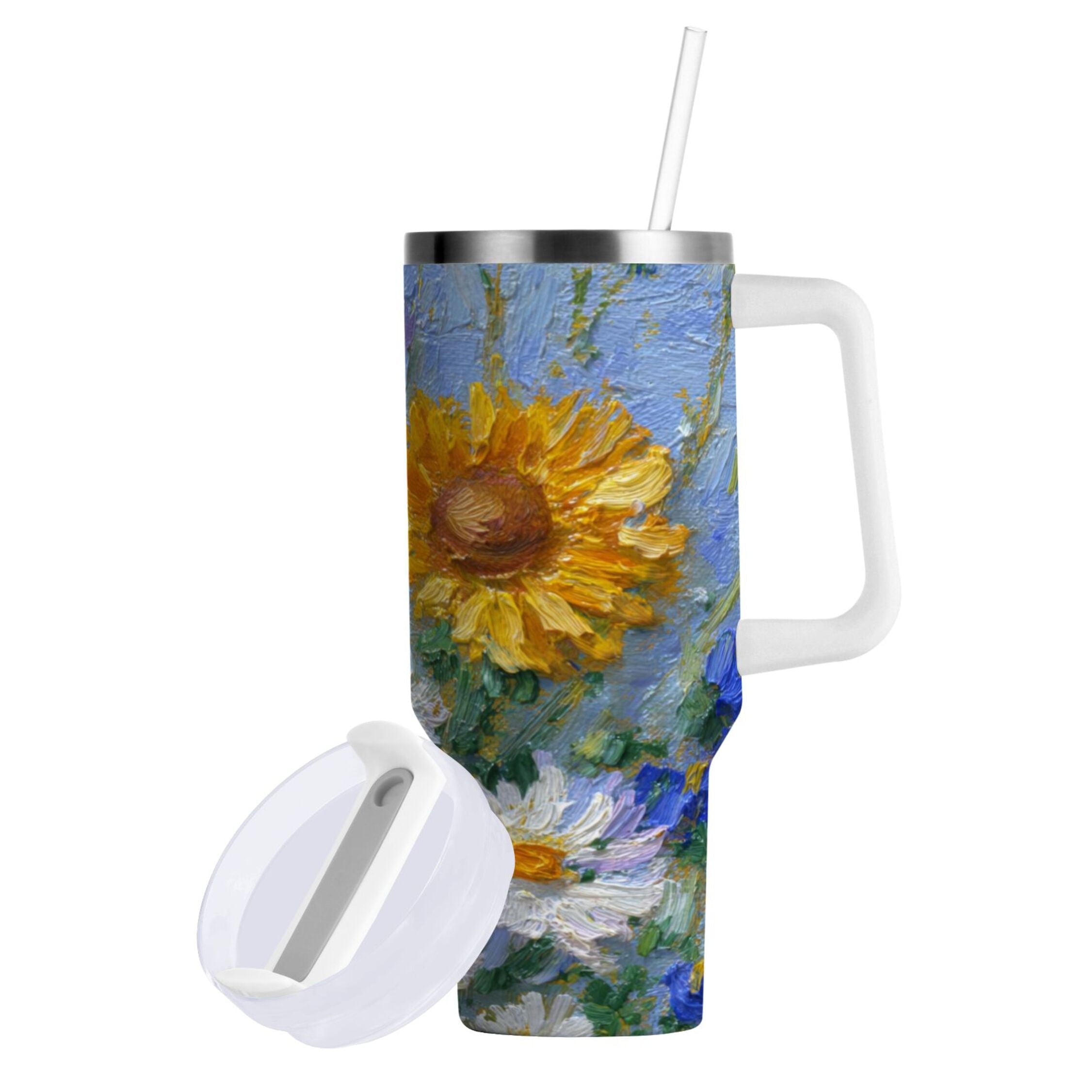 40 oz Insulated Stainless Steel Tumbler Double Wall Stainless Steel Tumbler with 2-Way Drinking Sunflowers and Daisies C464V