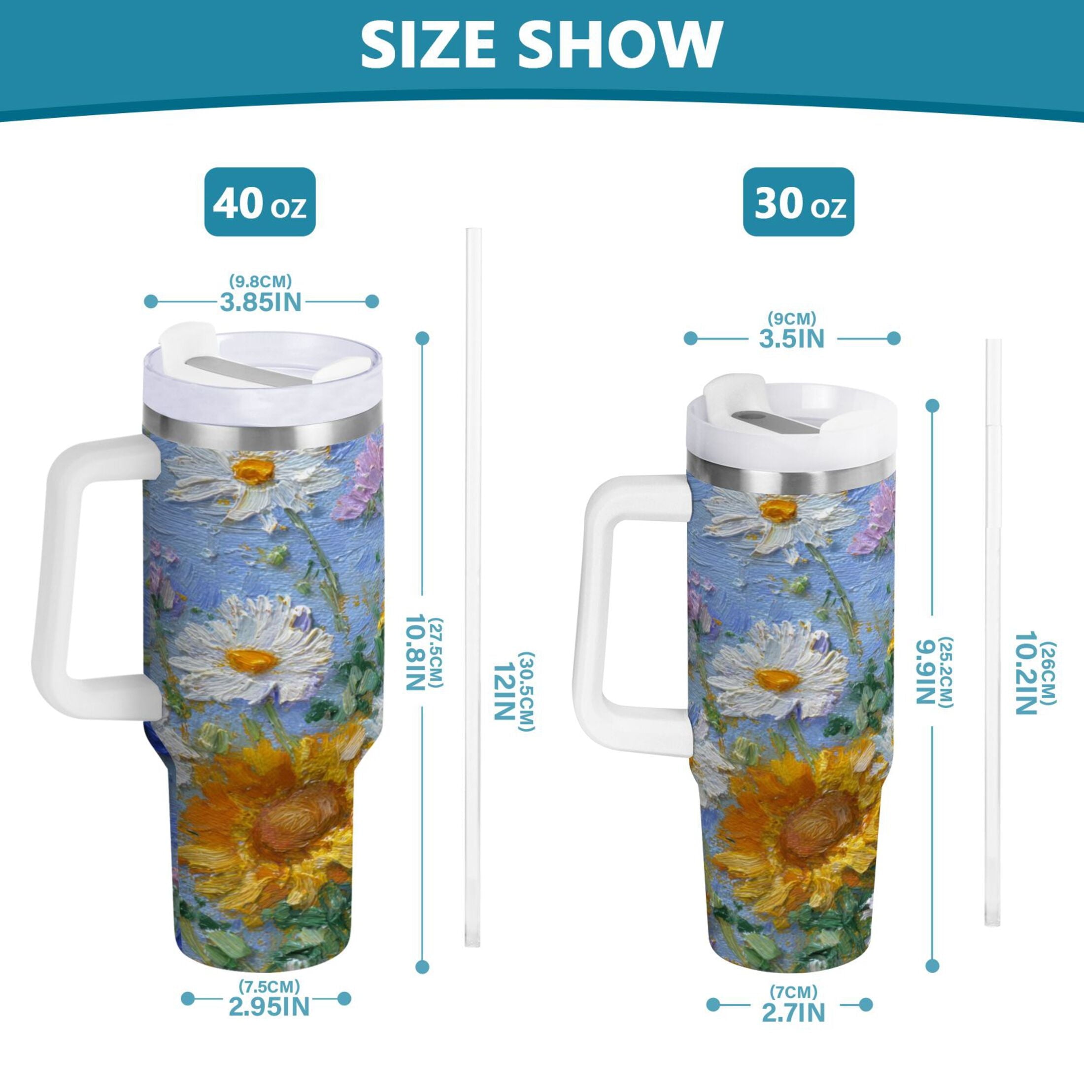 40 oz Insulated Stainless Steel Tumbler Double Wall Stainless Steel Tumbler with 2-Way Drinking Sunflowers and Daisies C464V