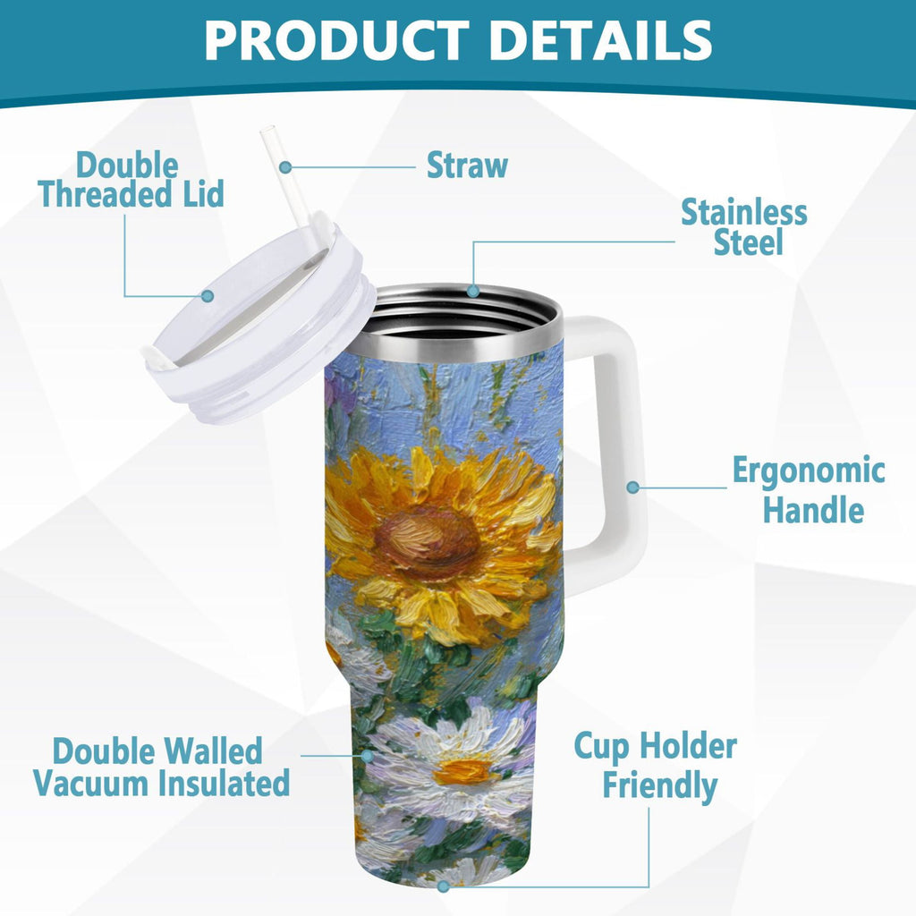 40 oz Insulated Stainless Steel Tumbler Double Wall Stainless Steel Tumbler with 2-Way Drinking Sunflowers and Daisies C464V