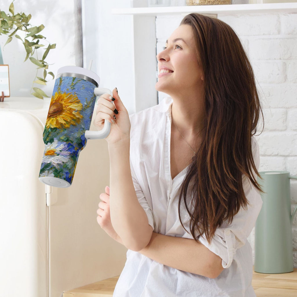 40 oz Insulated Stainless Steel Tumbler Double Wall Stainless Steel Tumbler with 2-Way Drinking Sunflowers and Daisies C464V