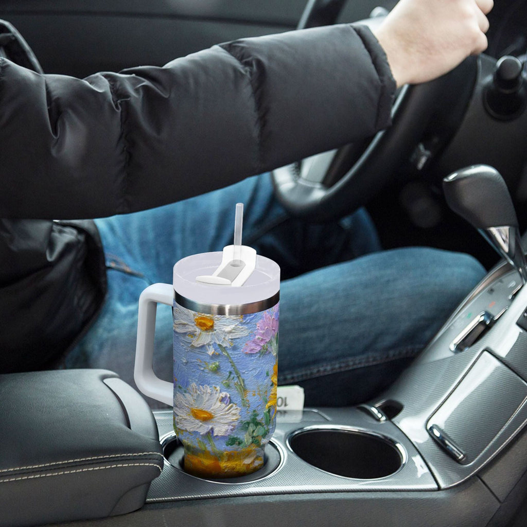 40 oz Insulated Stainless Steel Tumbler Double Wall Stainless Steel Tumbler with 2-Way Drinking Sunflowers and Daisies C464V