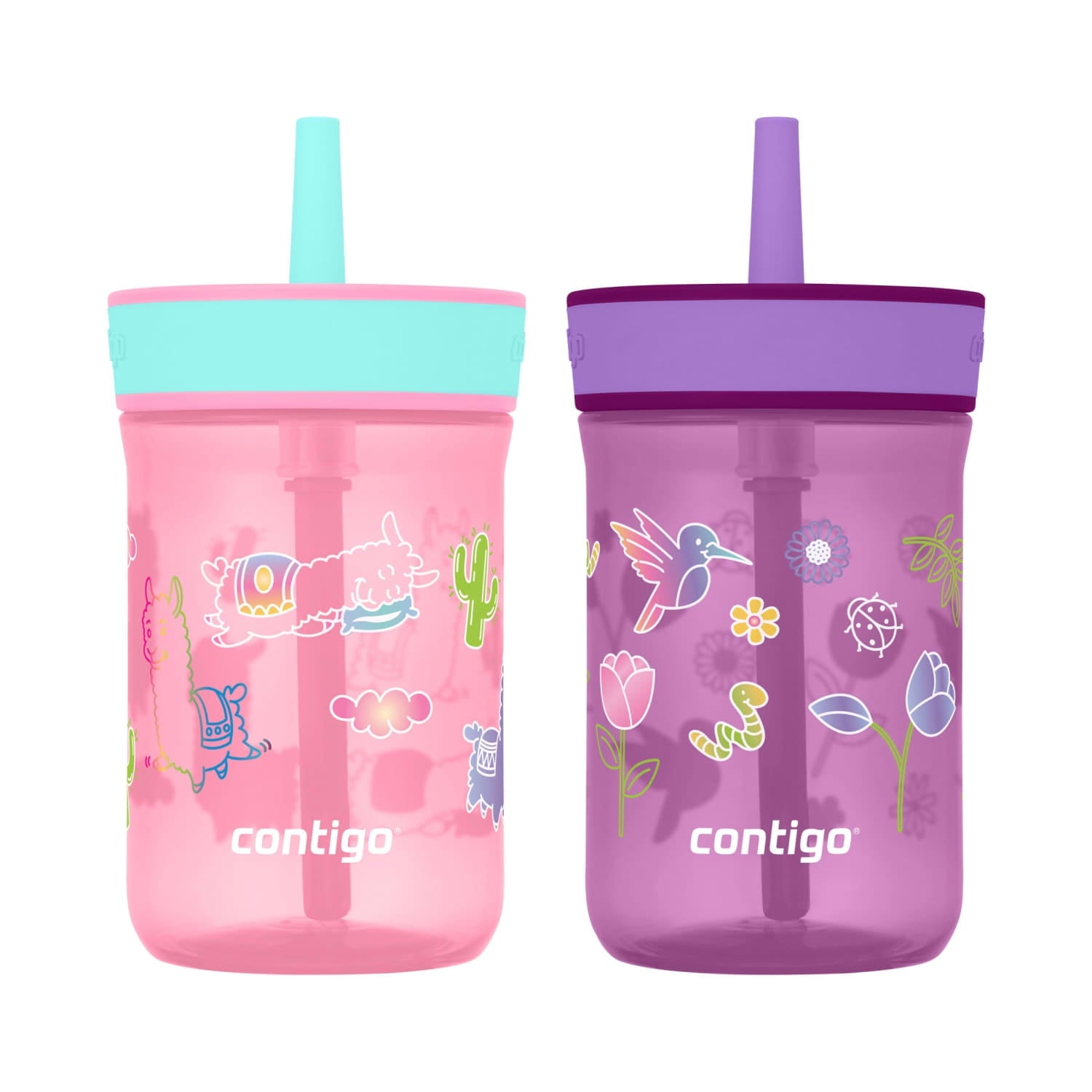 Contigo Kids Leighton Spill-Proof Tumbler with Straw, Ages 3+, Pink and Purple, 14 oz, 2 Pack C109E