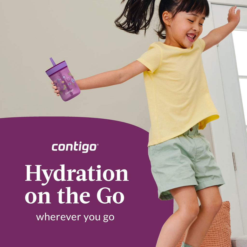 Contigo Kids Leighton Spill-Proof Tumbler with Straw, Ages 3+, Pink and Purple, 14 oz, 2 Pack C109E