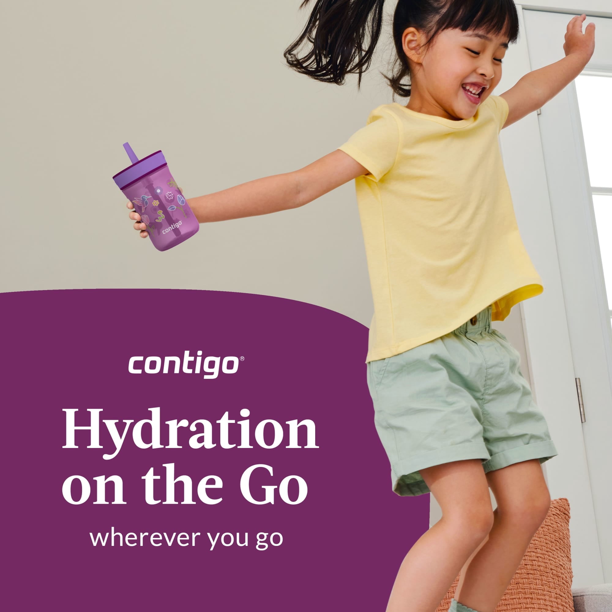 Contigo Kids Leighton Spill-Proof Tumbler with Straw, Ages 3+, Pink and Purple, 14 oz, 2 Pack C109E