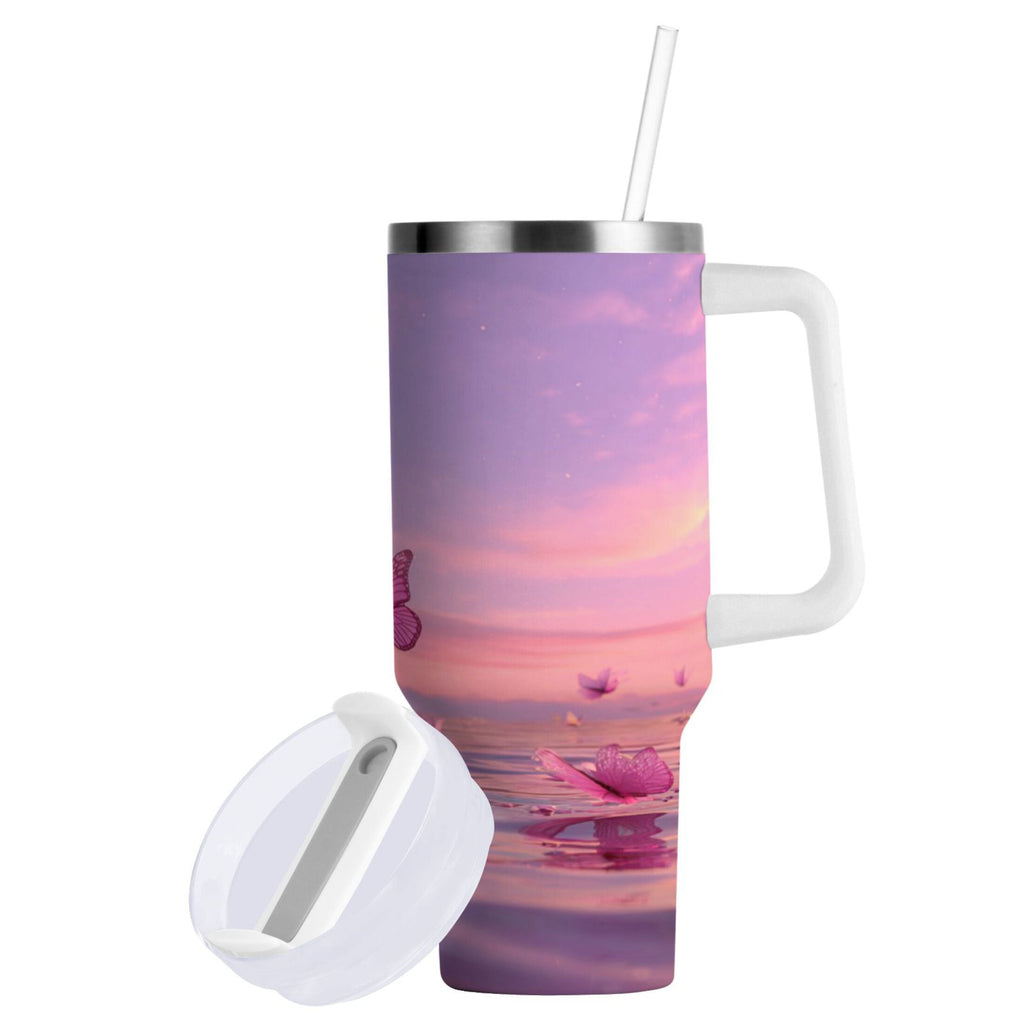 30 oz Insulated Stainless Steel Tumbler Double Wall Stainless Steel Tumbler with 2-Way Drinking Pink Butterflies Flying C492M