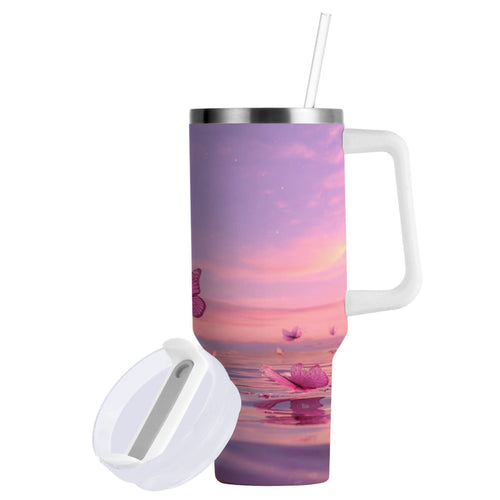 30 oz Insulated Stainless Steel Tumbler Double Wall Stainless Steel Tumbler with 2-Way Drinking Pink Butterflies Flying C492M
