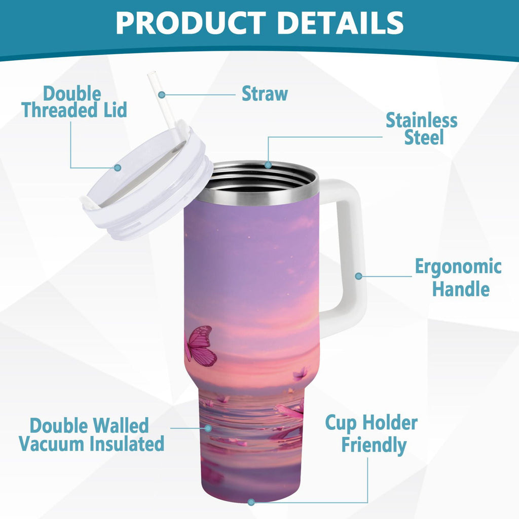 30 oz Insulated Stainless Steel Tumbler Double Wall Stainless Steel Tumbler with 2-Way Drinking Pink Butterflies Flying C492M