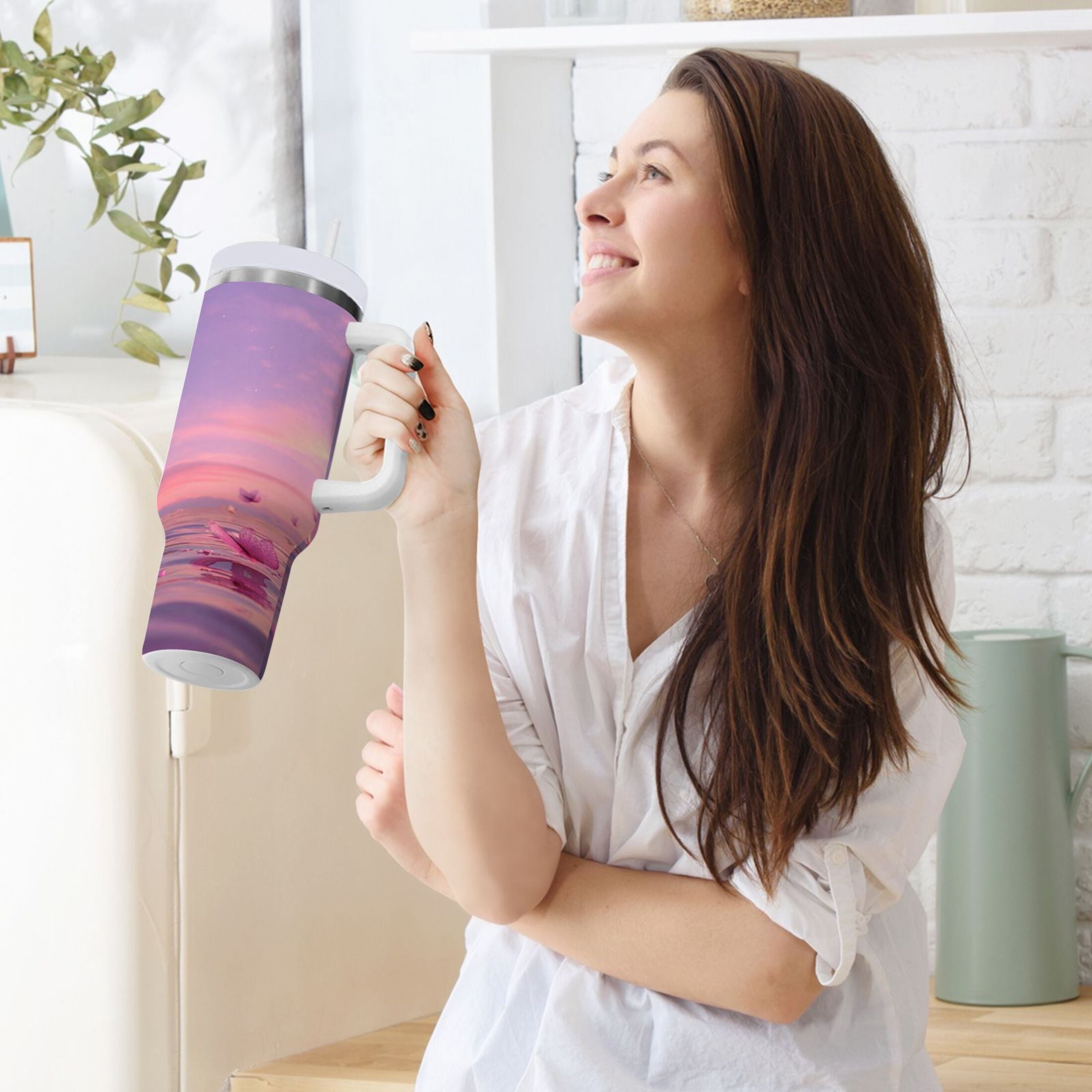 30 oz Insulated Stainless Steel Tumbler Double Wall Stainless Steel Tumbler with 2-Way Drinking Pink Butterflies Flying C492M