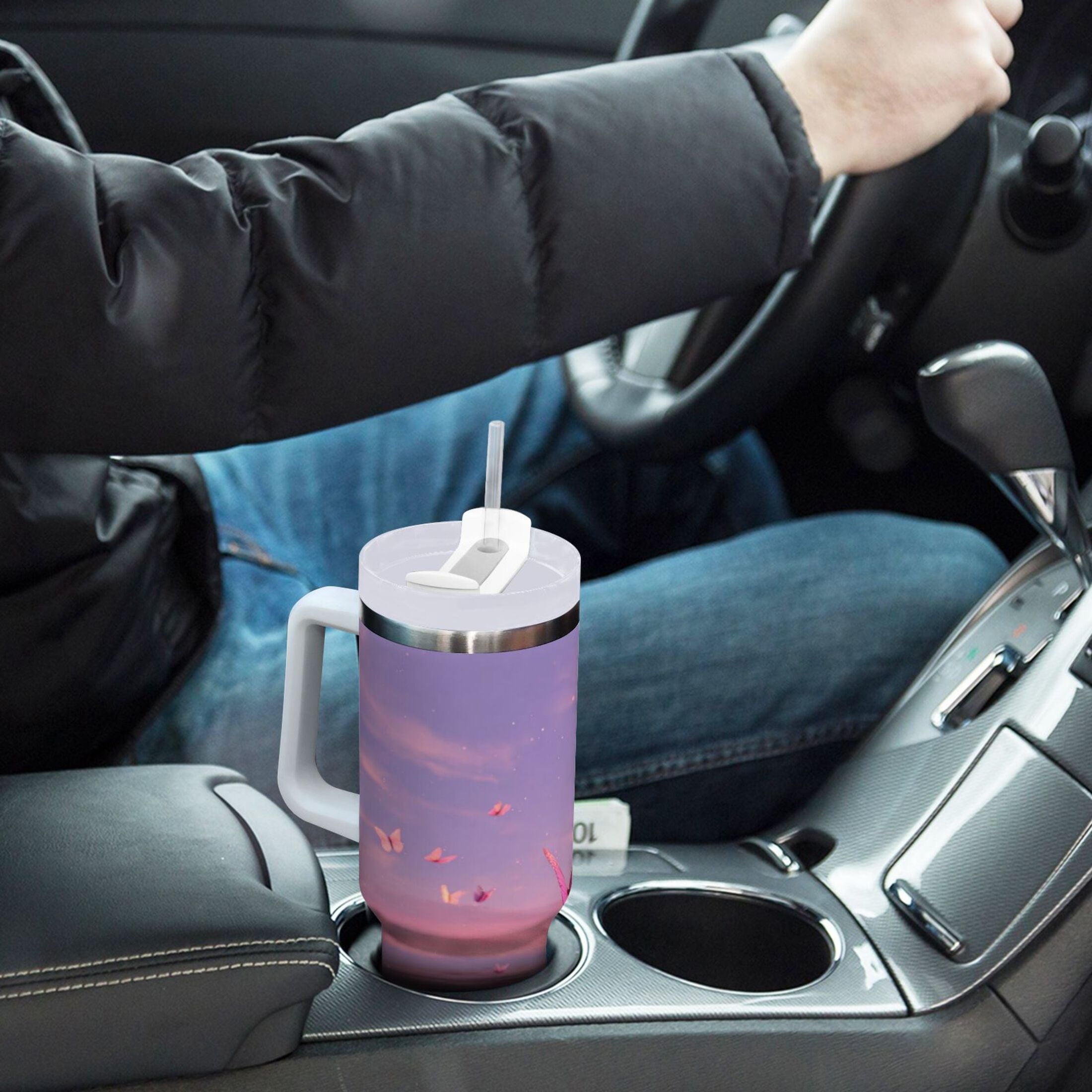 30 oz Insulated Stainless Steel Tumbler Double Wall Stainless Steel Tumbler with 2-Way Drinking Pink Butterflies Flying C492M