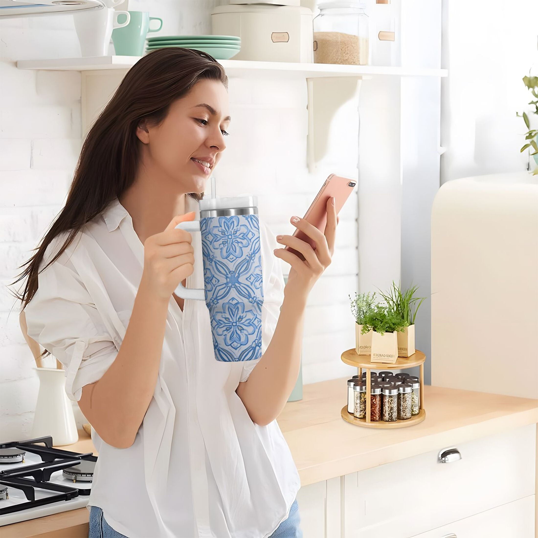 30 oz Insulated Stainless Steel Tumbler Double Wall Stainless Steel Tumbler with 2-Way Drinking Blue Elegant Geometric Design C623K