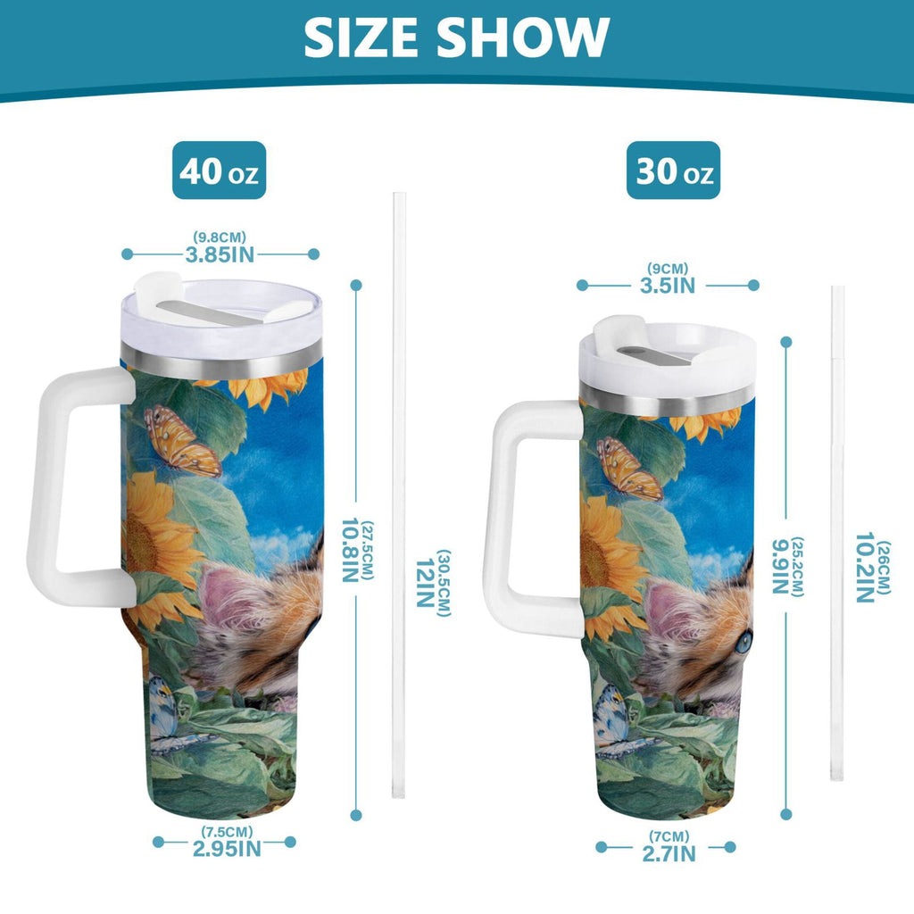 40 oz Insulated Stainless Steel Tumbler Double Wall Stainless Steel Tumbler with 2-Way Drinking Playful Cat Lying Sunflowers C549U