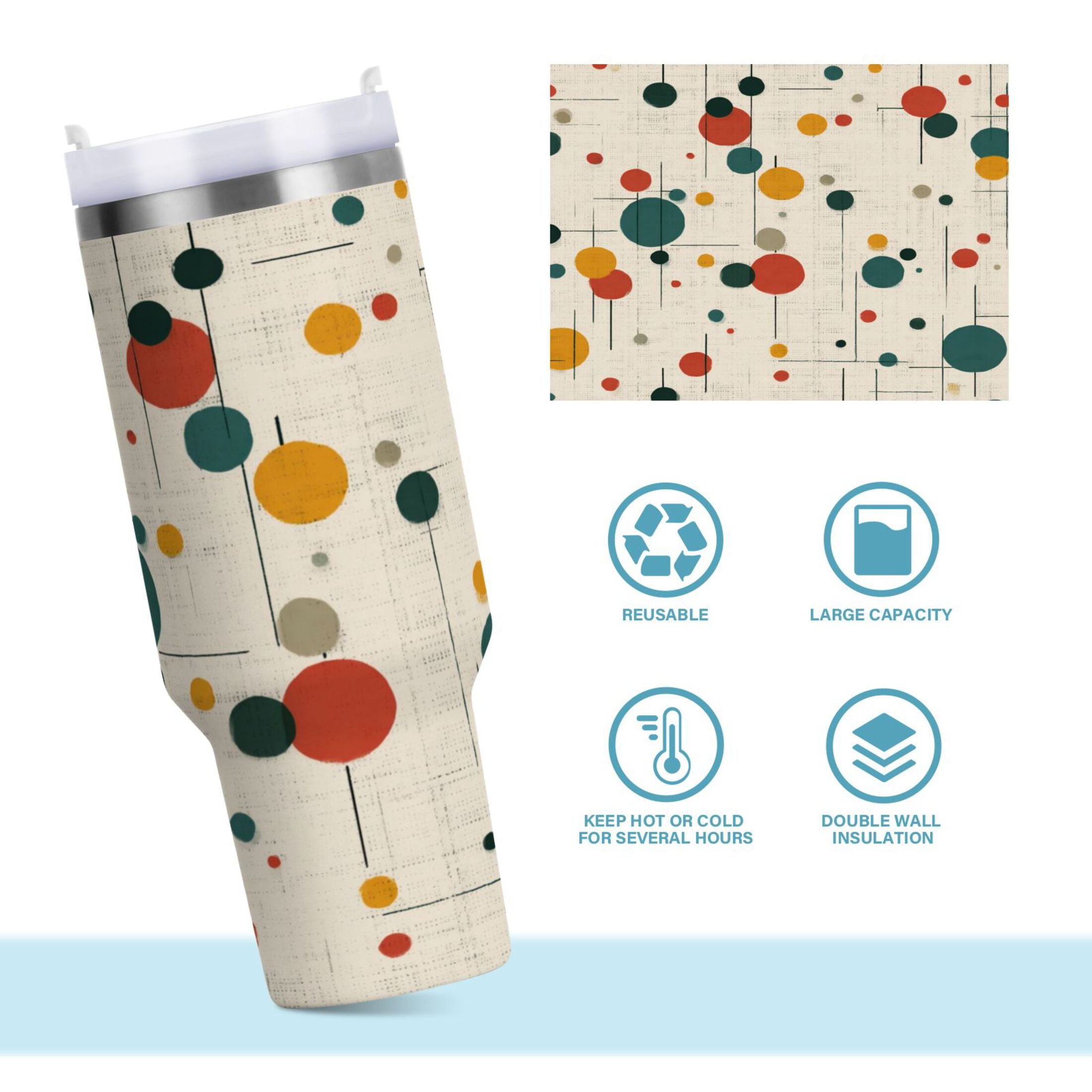 30 oz Insulated Stainless Steel Tumbler Double Wall Stainless Steel Tumbler with 2-Way Drinking Colorful Dots and Lines C646K
