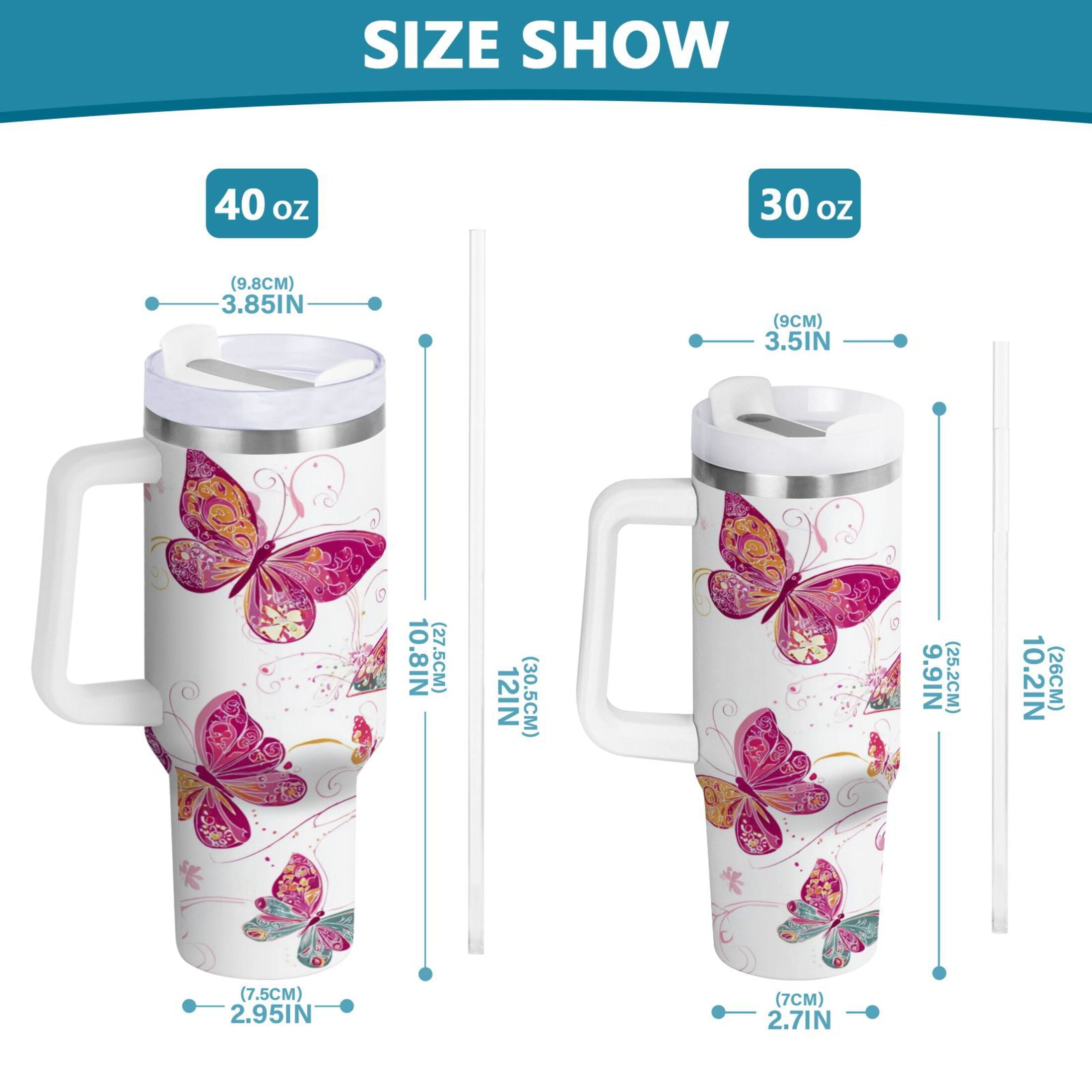 30 oz Insulated Stainless Steel Tumbler Double Wall Stainless Steel Tumbler with 2-Way Drinking Colorful Butterflies C605L