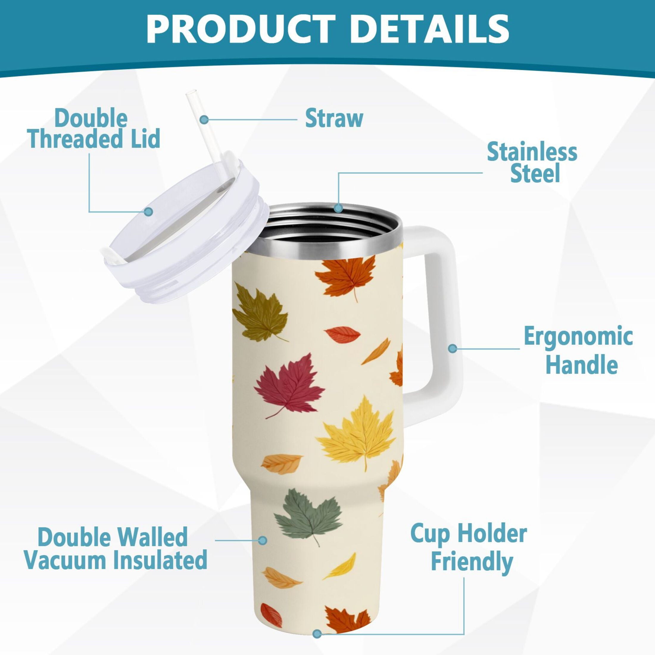 40 oz Insulated Stainless Steel Tumbler Double Wall Stainless Steel Tumbler with 2-Way Drinking Colorful Autumn Leaves Pattern C489D