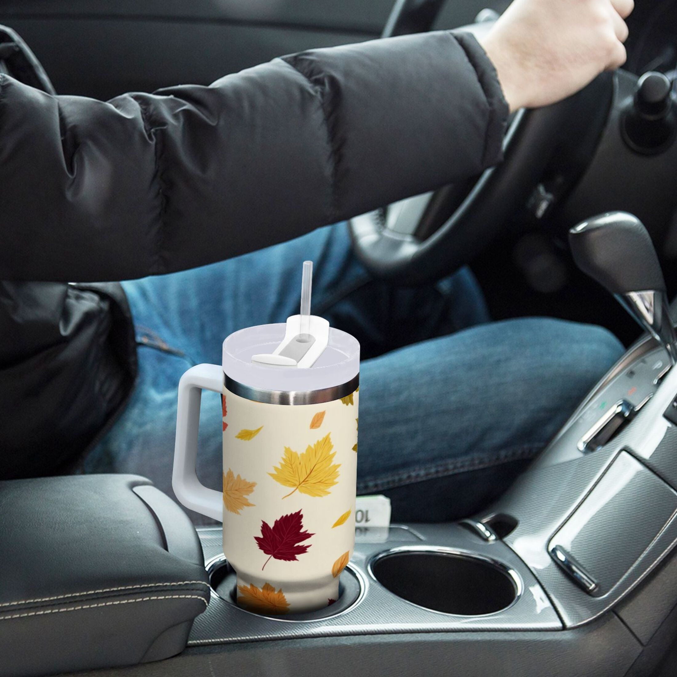 40 oz Insulated Stainless Steel Tumbler Double Wall Stainless Steel Tumbler with 2-Way Drinking Colorful Autumn Leaves Pattern C489D