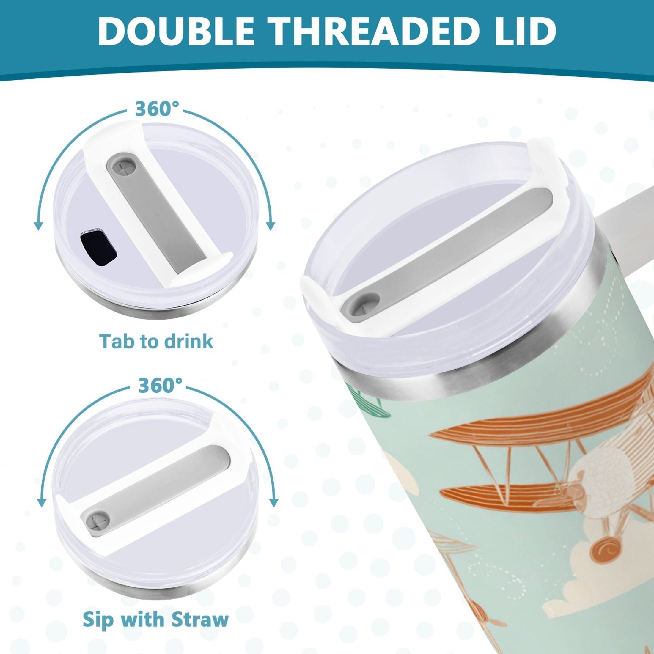 40 oz Insulated Stainless Steel Tumbler Double Wall Stainless Steel Tumbler with 2-Way Drinking Cute Airplanes C647Q