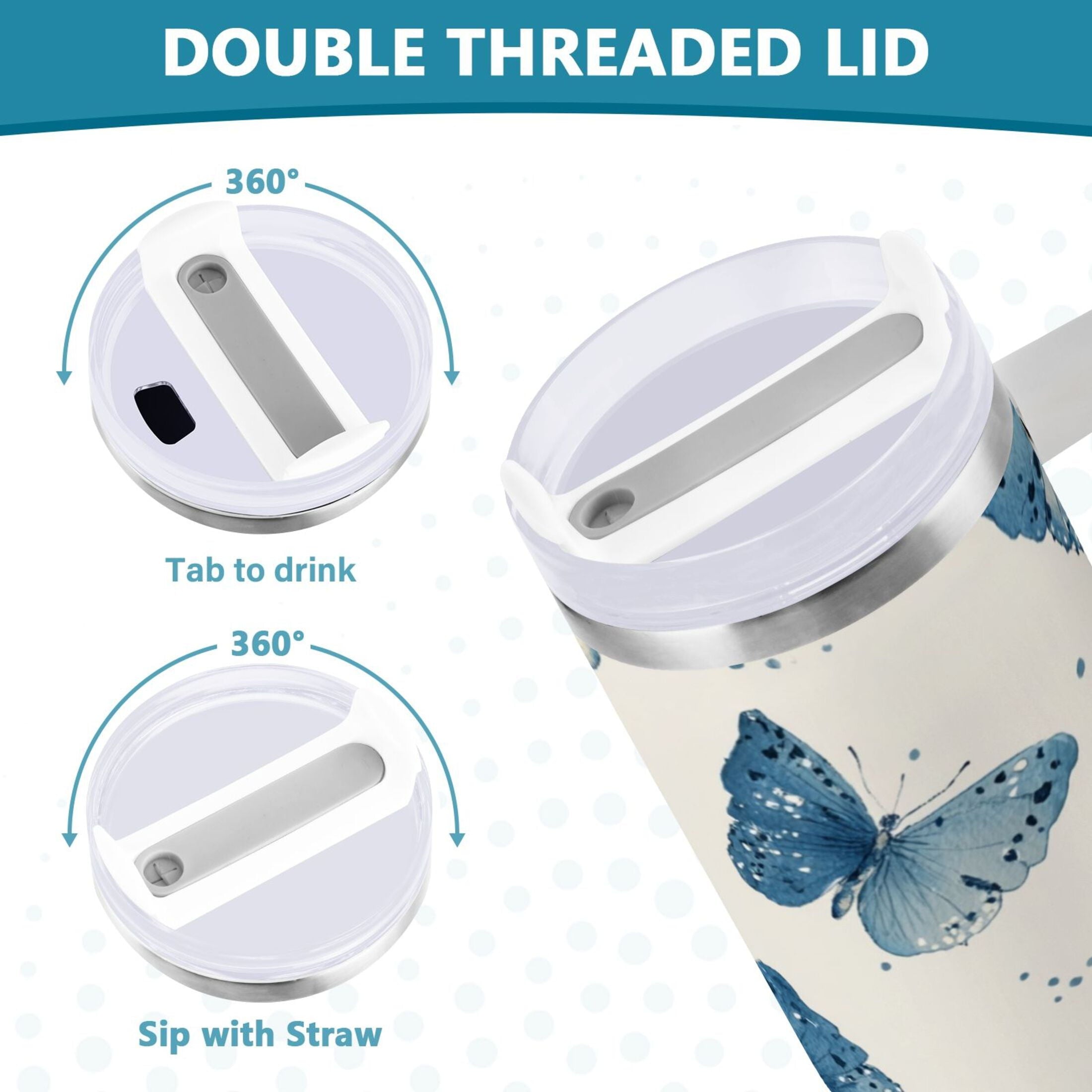 30 oz Insulated Stainless Steel Tumbler Double Wall Stainless Steel Tumbler with 2-Way Drinking Blue Watercolor Butterflies C572J