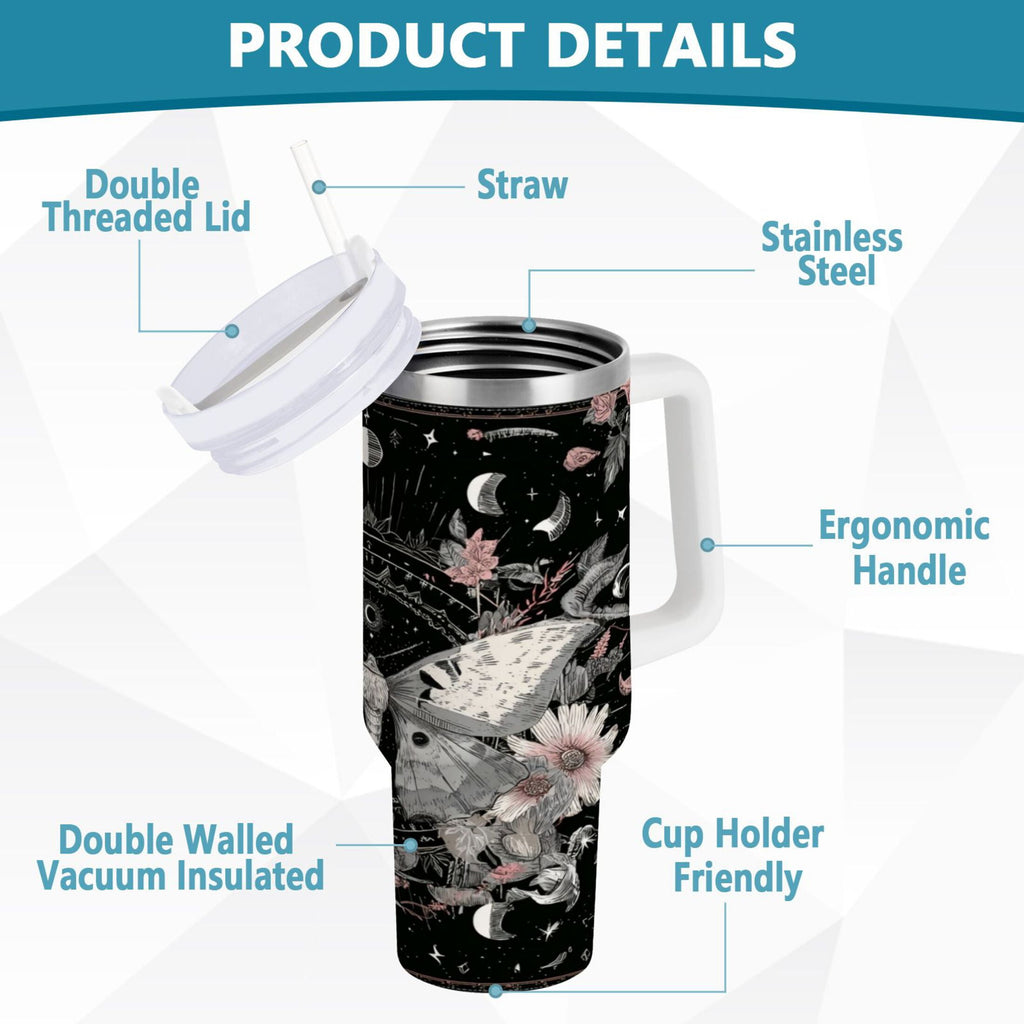 40 oz Insulated Stainless Steel Tumbler Double Wall Stainless Steel Tumbler with 2-Way Drinking Butterfly Surrounded by Flowers C640G