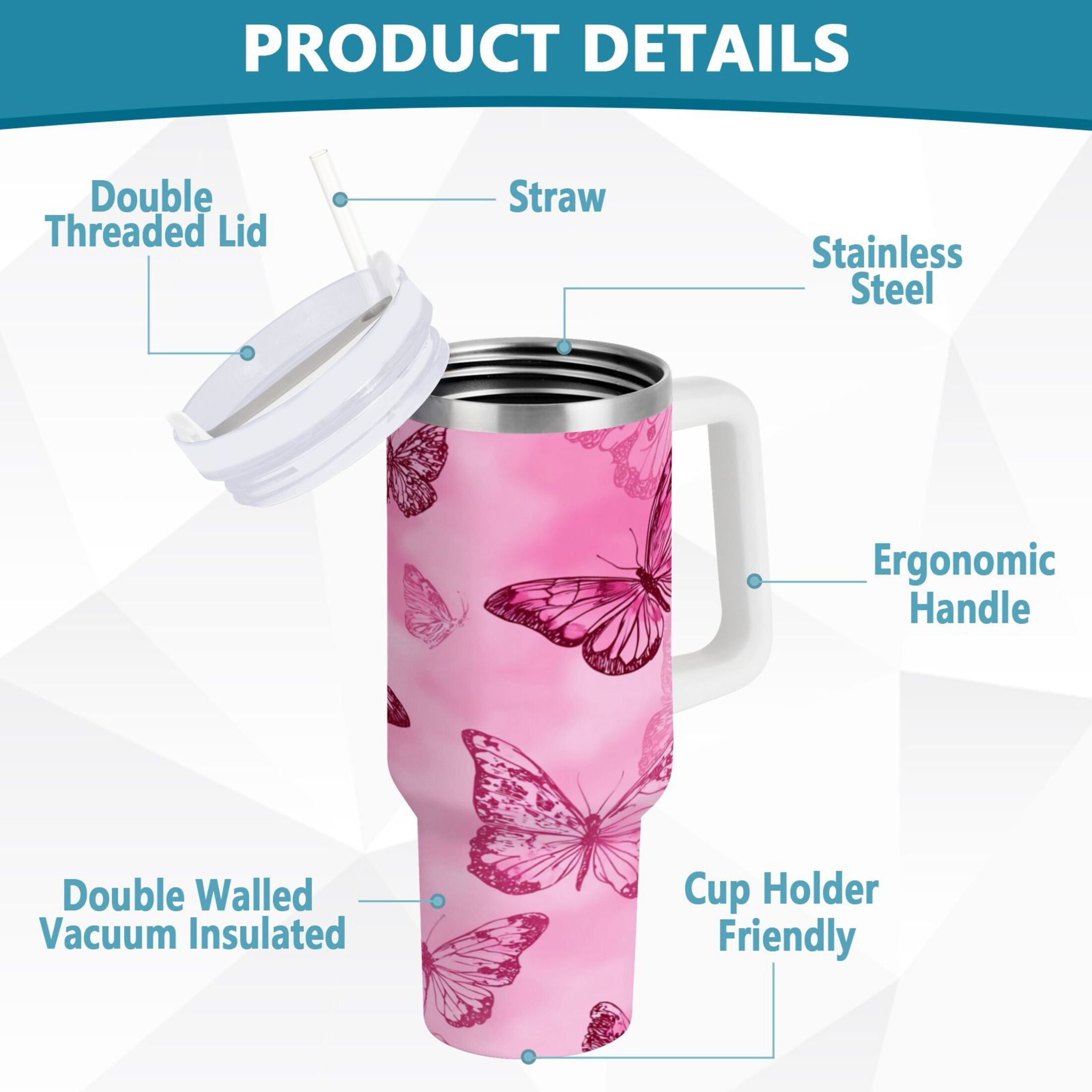 40 oz Insulated Stainless Steel Tumbler Double Wall Stainless Steel Tumbler with 2-Way Drinking Pink Butterfly Pattern C629D