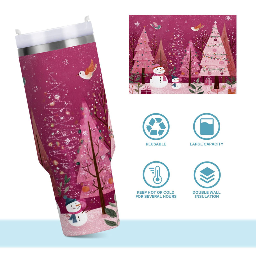 40 oz Insulated Stainless Steel Tumbler Double Wall Stainless Steel Tumbler with 2-Way Drinking Pink Christmas Forest C512S