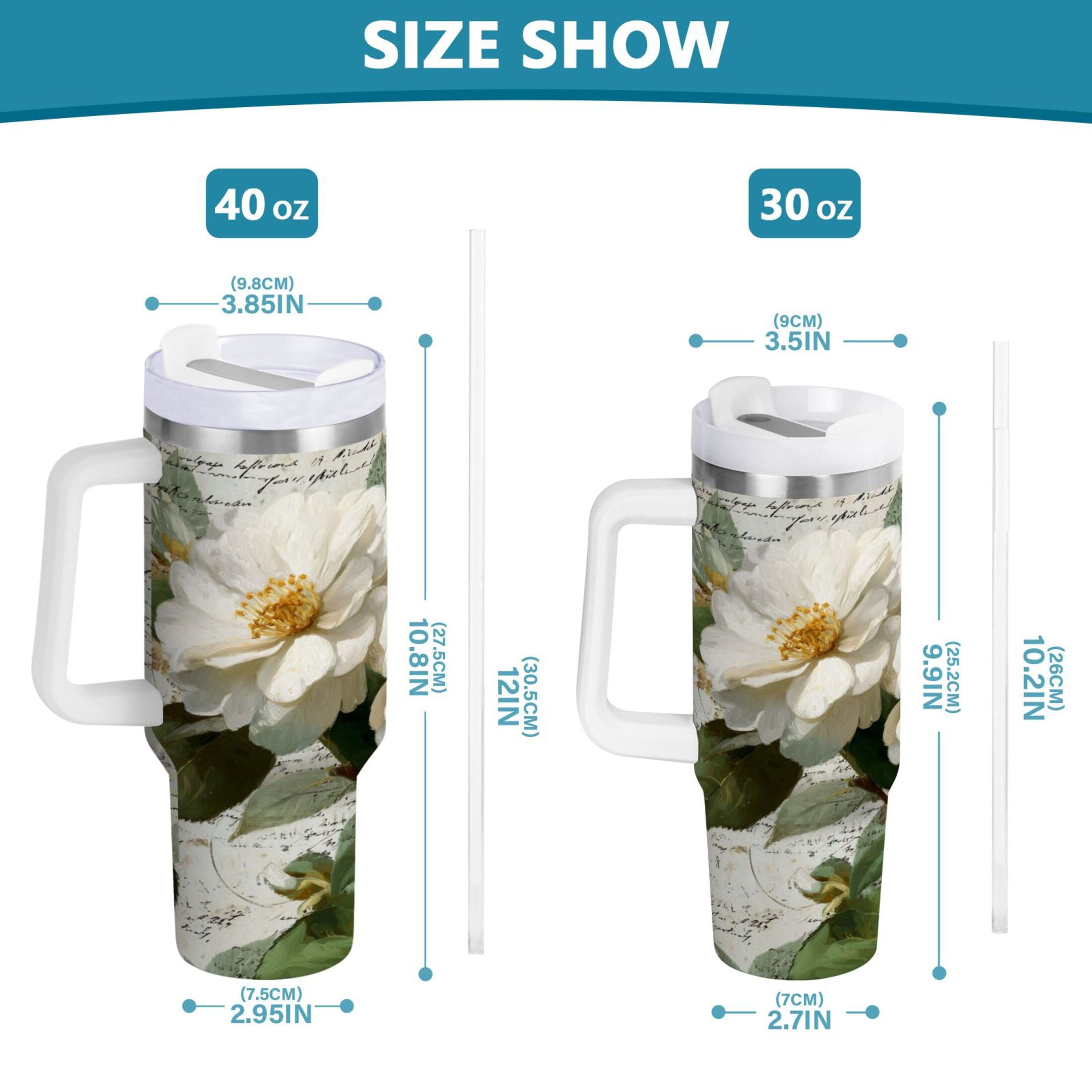 40 oz Insulated Stainless Steel Tumbler Double Wall Stainless Steel Tumbler with 2-Way Drinking Vintage White Camellias C622K