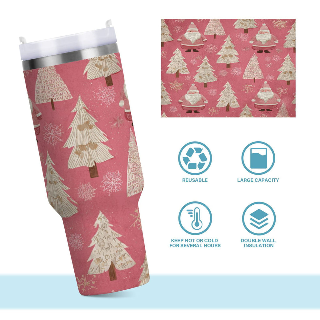 40 oz Insulated Stainless Steel Tumbler Double Wall Stainless Steel Tumbler with 2-Way Drinking Pink Santa Claus Pattern C527Z
