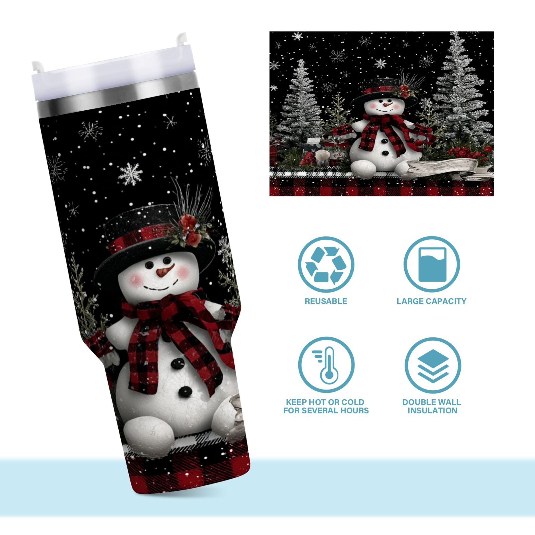 30 oz Insulated Stainless Steel Tumbler Double Wall Stainless Steel Tumbler with 2-Way Drinking Christmas Snowman C583N