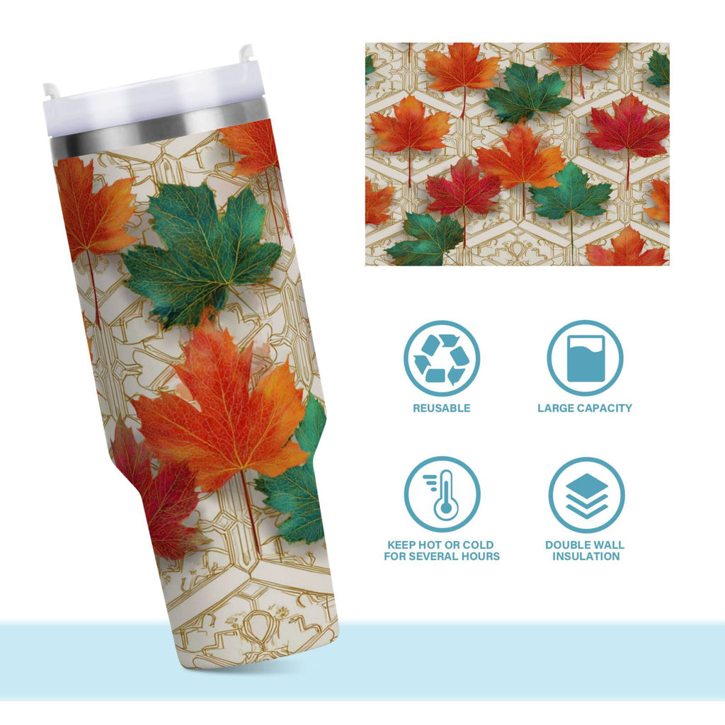 30 oz Insulated Stainless Steel Tumbler Double Wall Stainless Steel Tumbler with 2-Way Drinking Green and Red Maple Leaves C565U