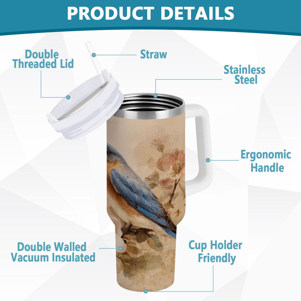 40 oz Insulated Stainless Steel Tumbler Double Wall Stainless Steel Tumbler with 2-Way Drinking Bluebird and Ancient Flowers C574Q