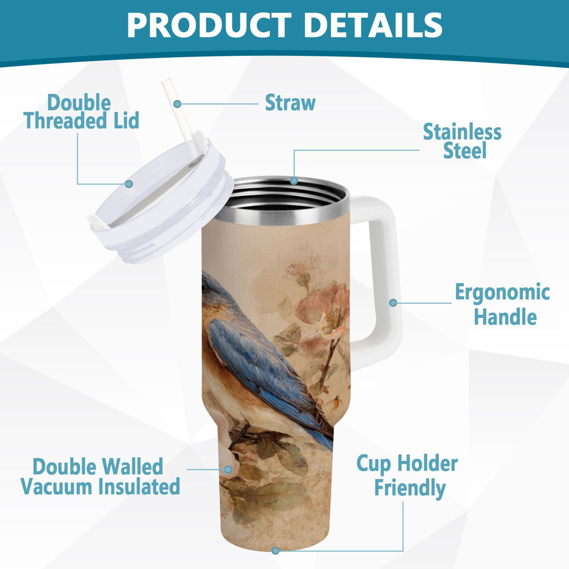 40 oz Insulated Stainless Steel Tumbler Double Wall Stainless Steel Tumbler with 2-Way Drinking Bluebird and Ancient Flowers C574Q