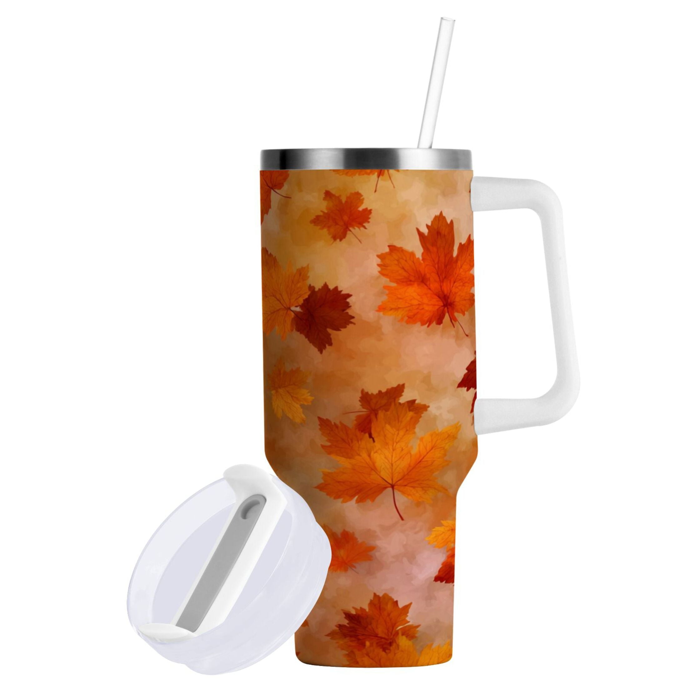 40 oz Insulated Stainless Steel Tumbler Double Wall Stainless Steel Tumbler with 2-Way Drinking Orange and Brown Autumn Leaves C481U