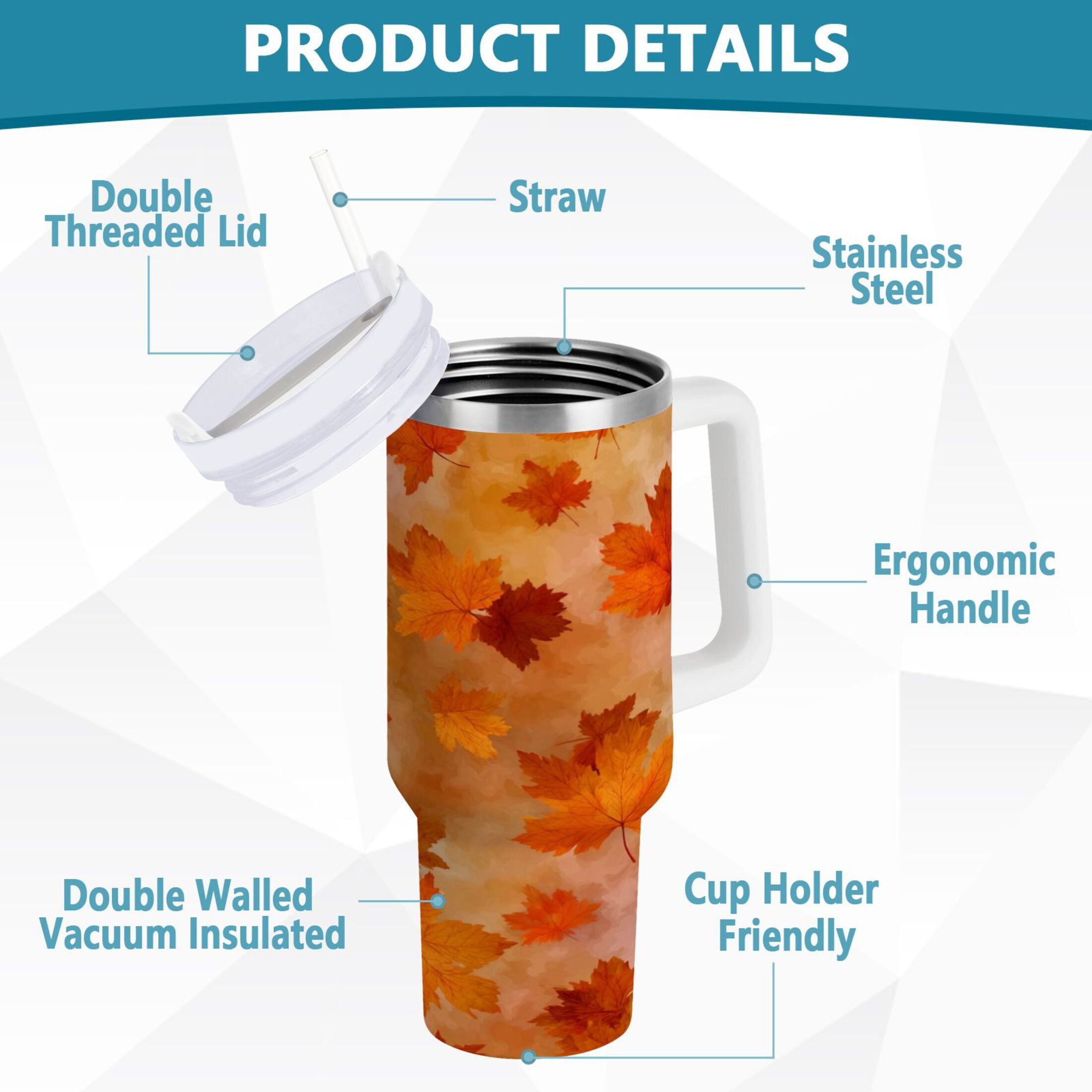 40 oz Insulated Stainless Steel Tumbler Double Wall Stainless Steel Tumbler with 2-Way Drinking Orange and Brown Autumn Leaves C481U
